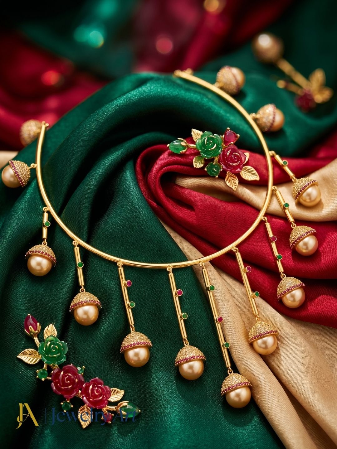Premium gold plated designer necklace with green and red hydro quartz stone accents
