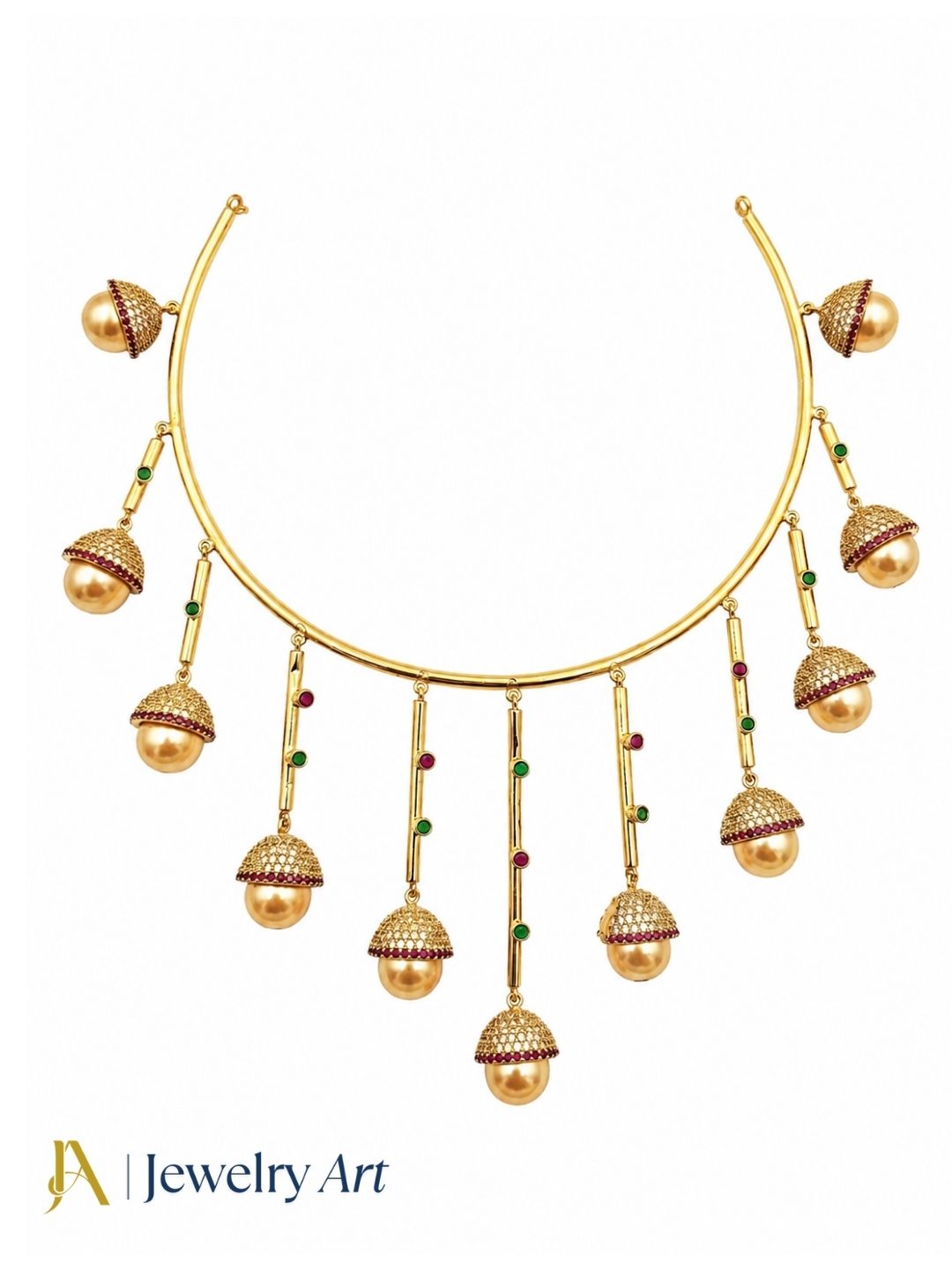 Premium gold plated designer necklace with green and red hydro quartz stone accents
