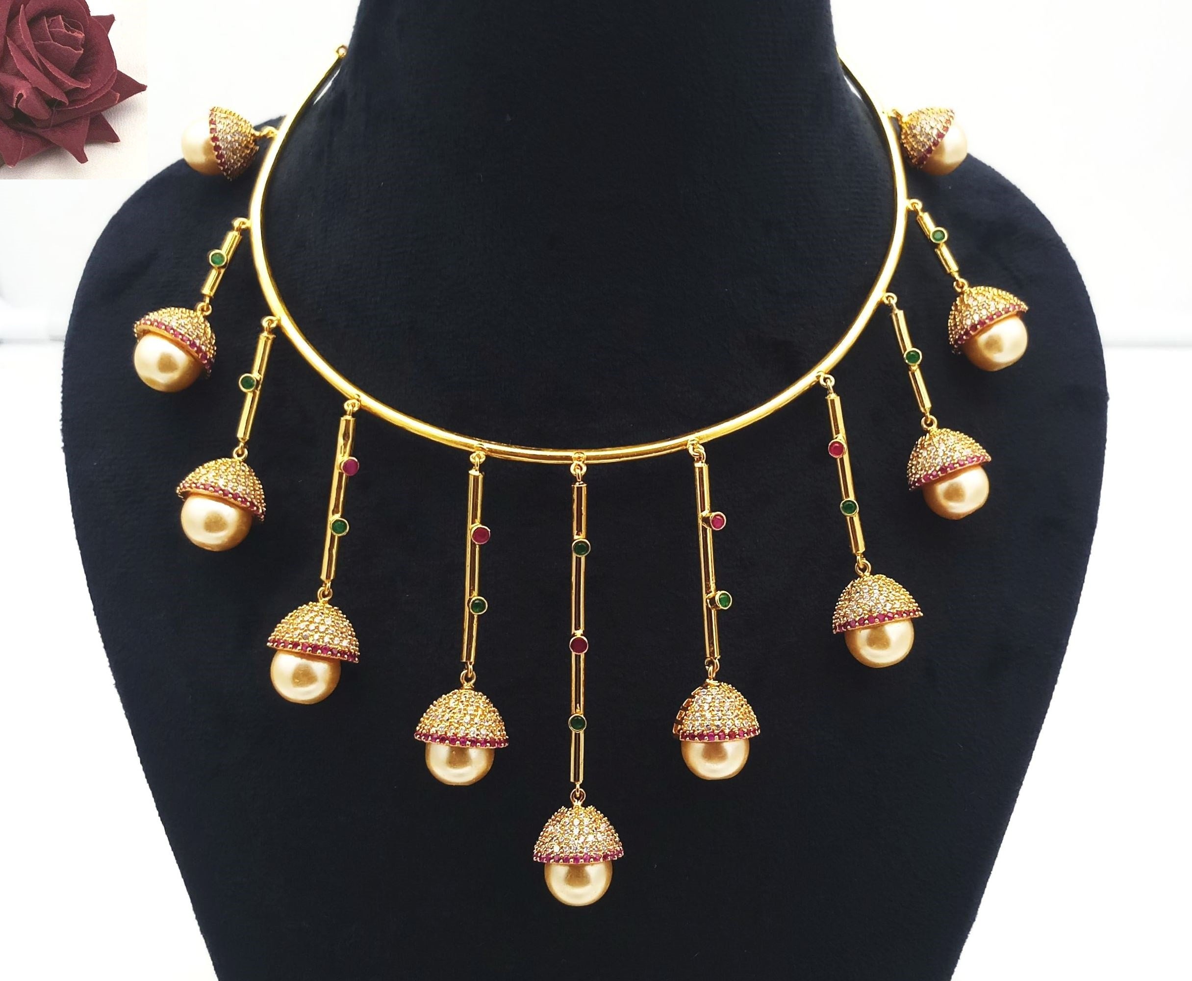 Elegant Gold plated Cubic Zirconia-Green & Red Hydro Quartz Party wear Statement Necklace