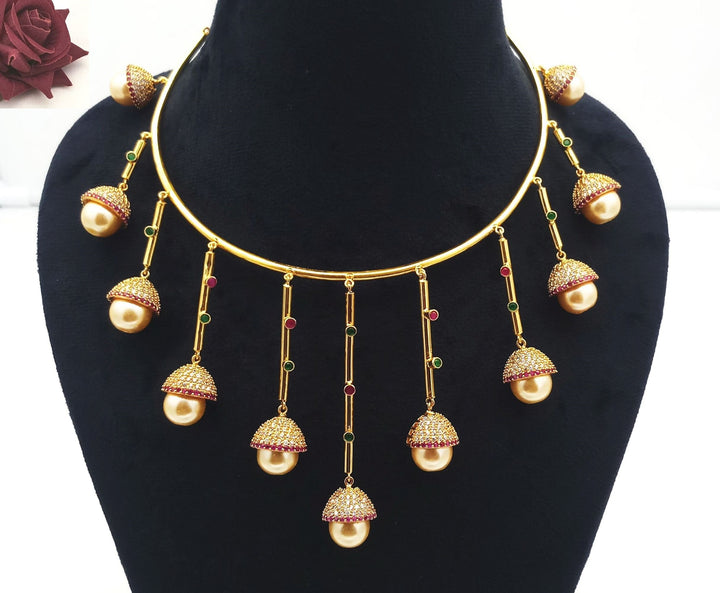 Elegant Gold plated Cubic Zirconia-Green & Red Hydro Quartz Party wear Statement Necklace