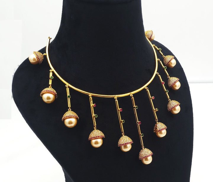 Elegant Gold plated Cubic Zirconia-Green & Red Hydro Quartz Party wear Statement Necklace