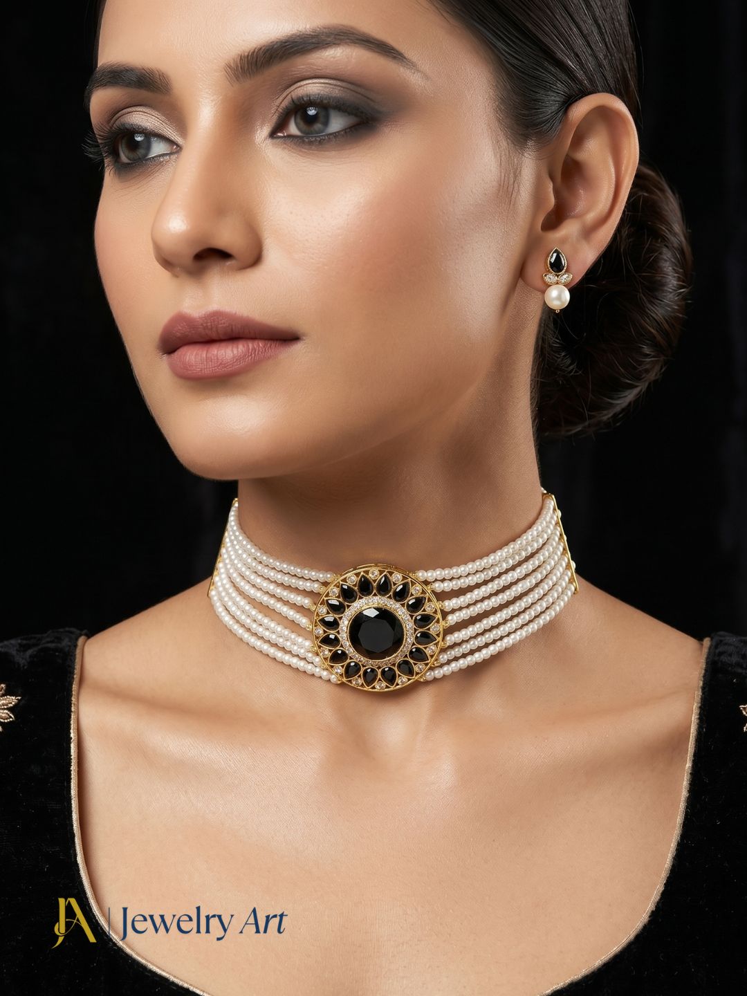 Classic traditional choker necklace with red glass stone and pearl design
