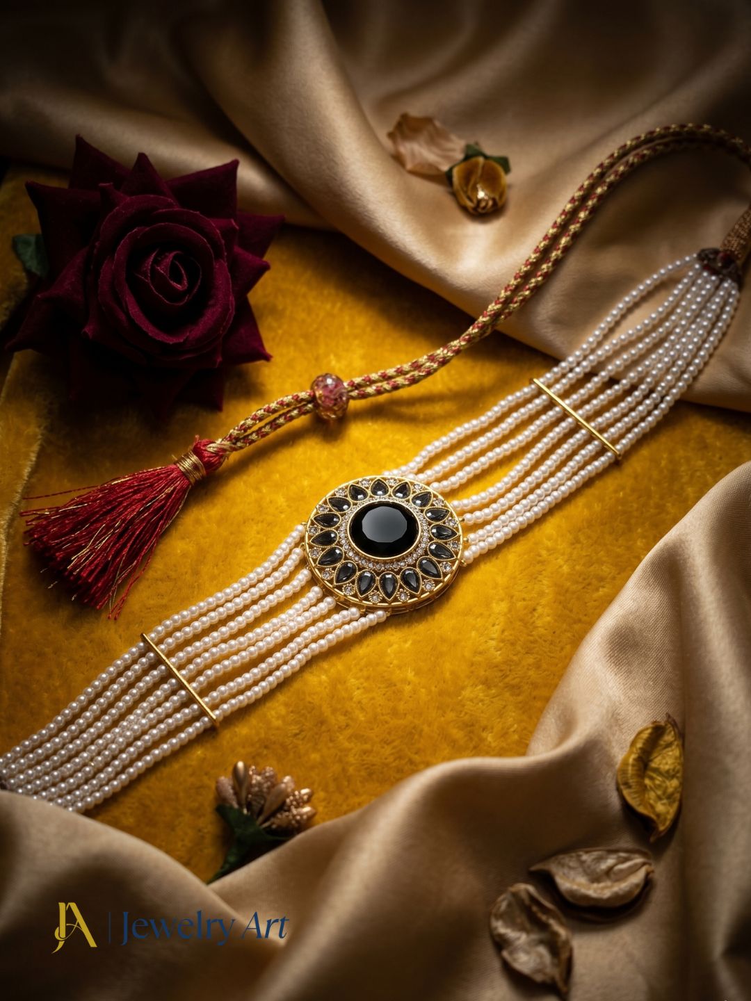 Classic traditional choker necklace with red glass stone and pearl design
