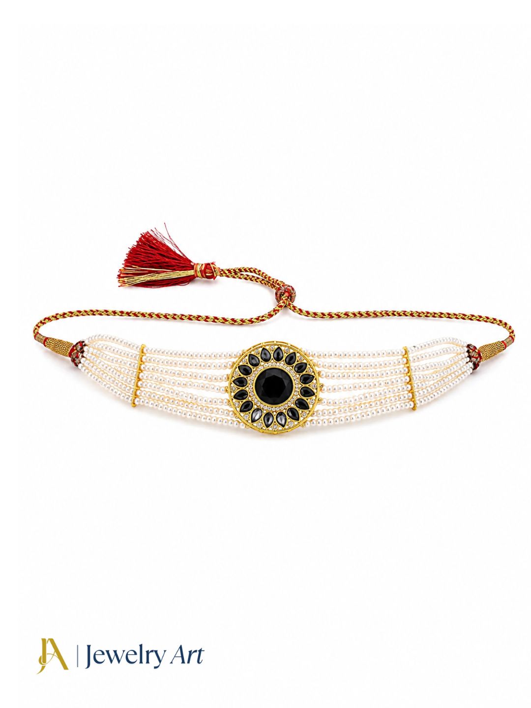 Classic traditional choker necklace with red glass stone and pearl design
