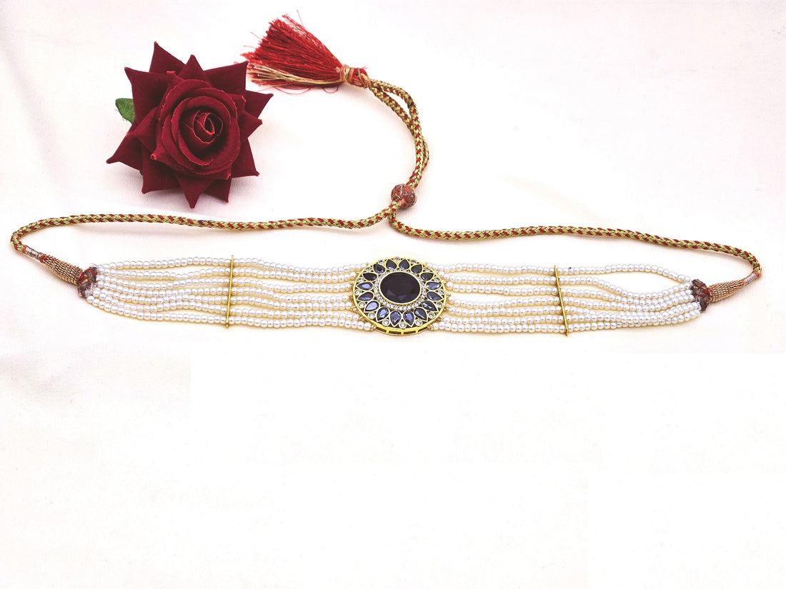 Stunning Gold Plated Black Glass -AD - Pearl Choker  Necklace