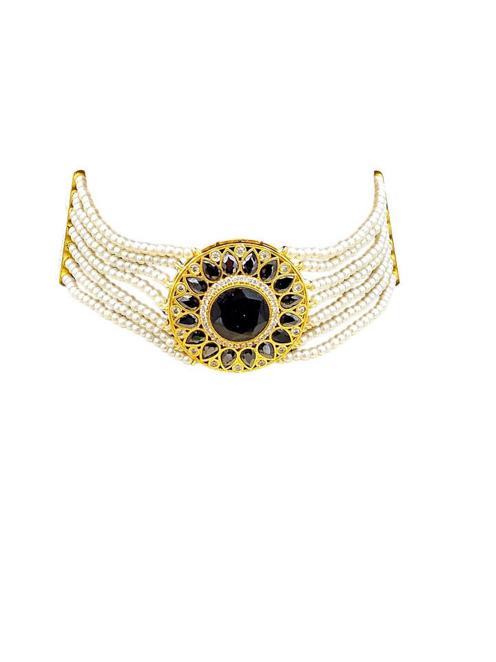 Stunning Gold Plated Black Glass -AD - Pearl Choker  Necklace