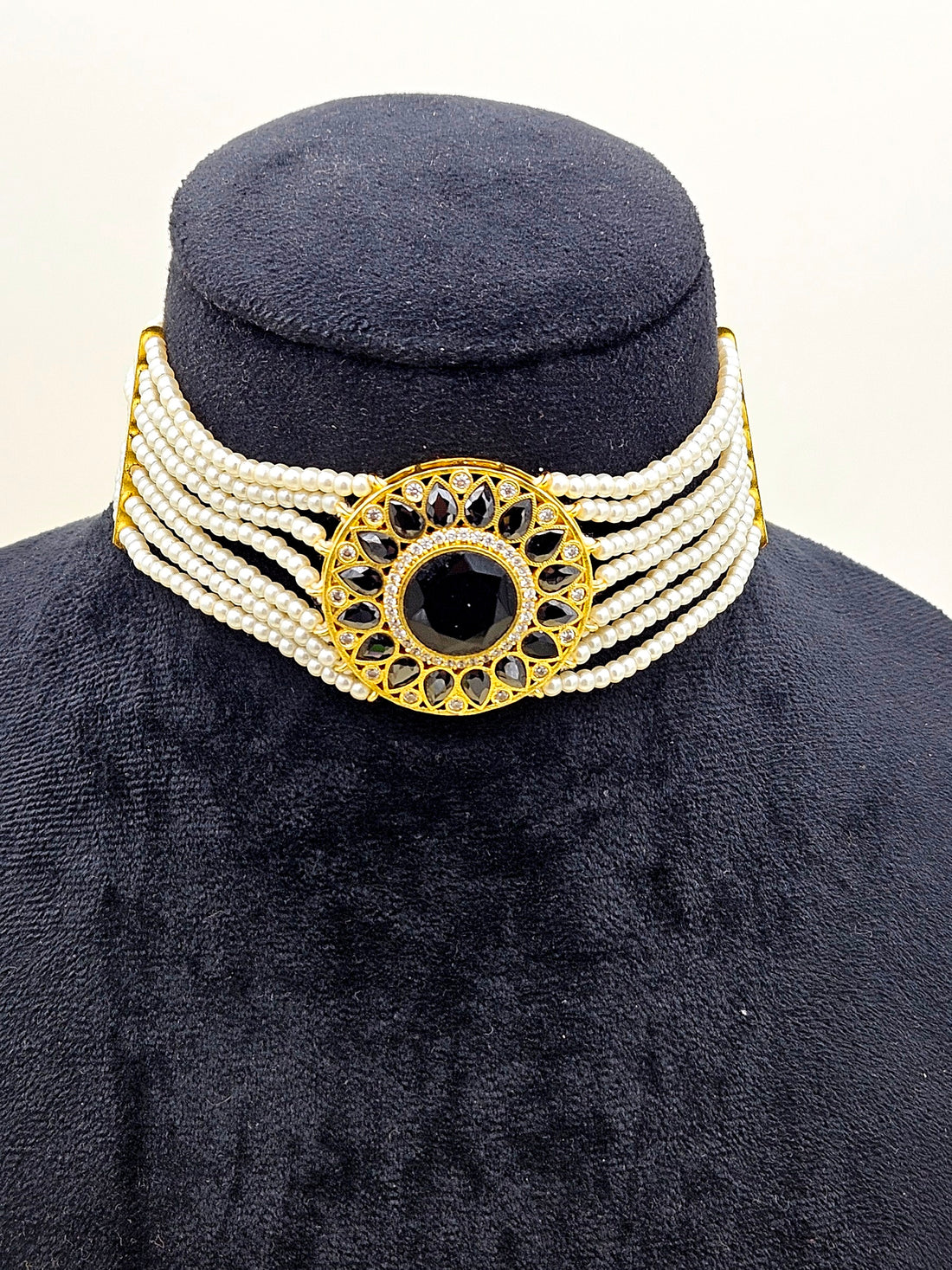 Stunning Gold Plated Black Glass -AD - Pearl Choker  Necklace