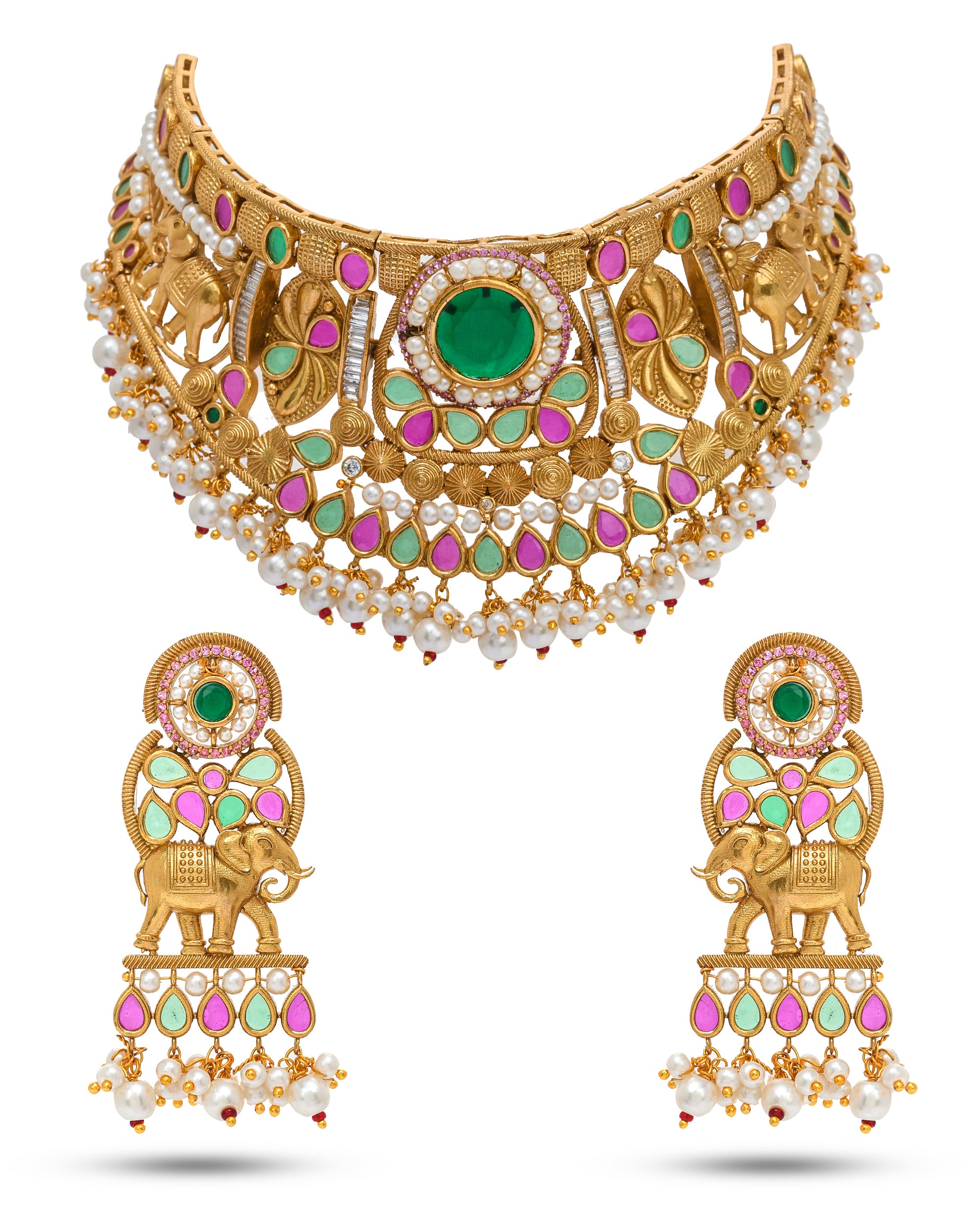Women’s antique gold choker and earrings set with vibrant Kundan Polky stones – ethnic designer jewelry
