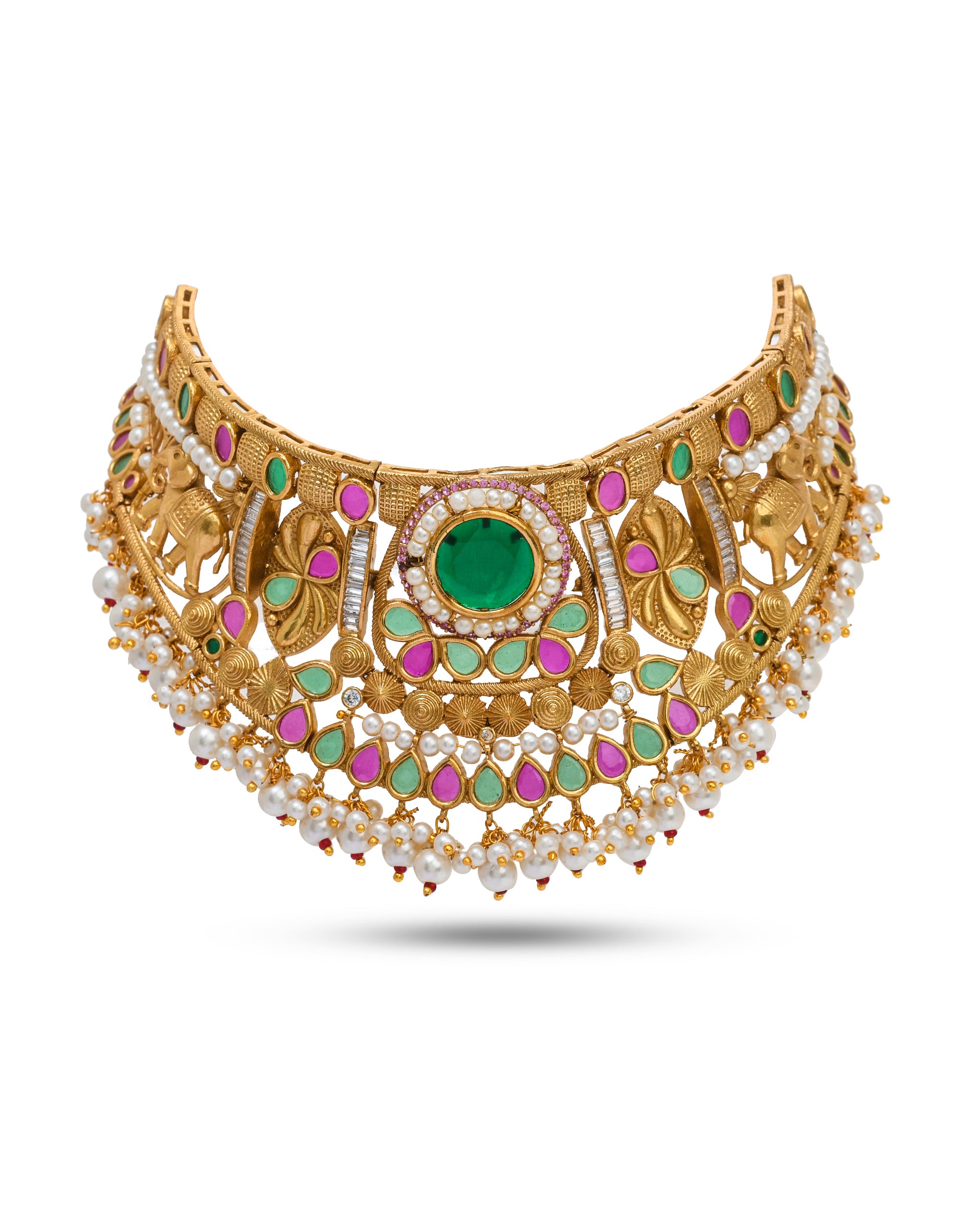 Antique gold choker featuring vibrant Kundan Polky stonework – ethnic designer necklace
