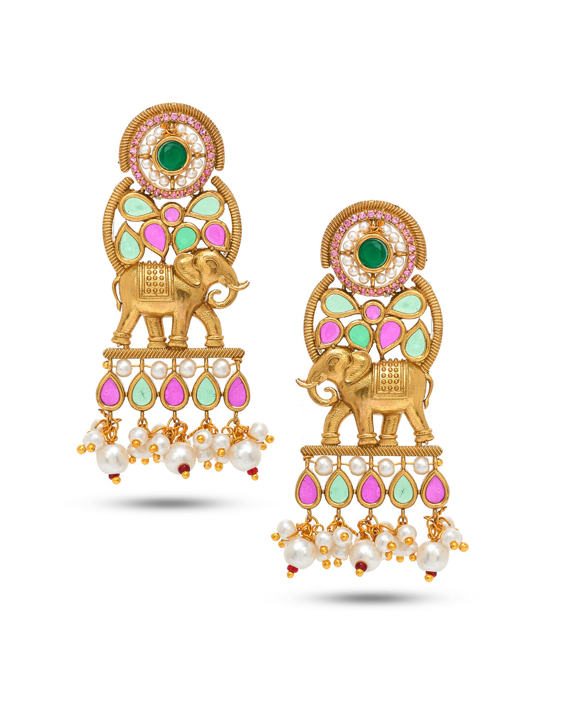 Designer antique gold earrings with colorful Kundan Polky stones – handcrafted traditional jewelry
