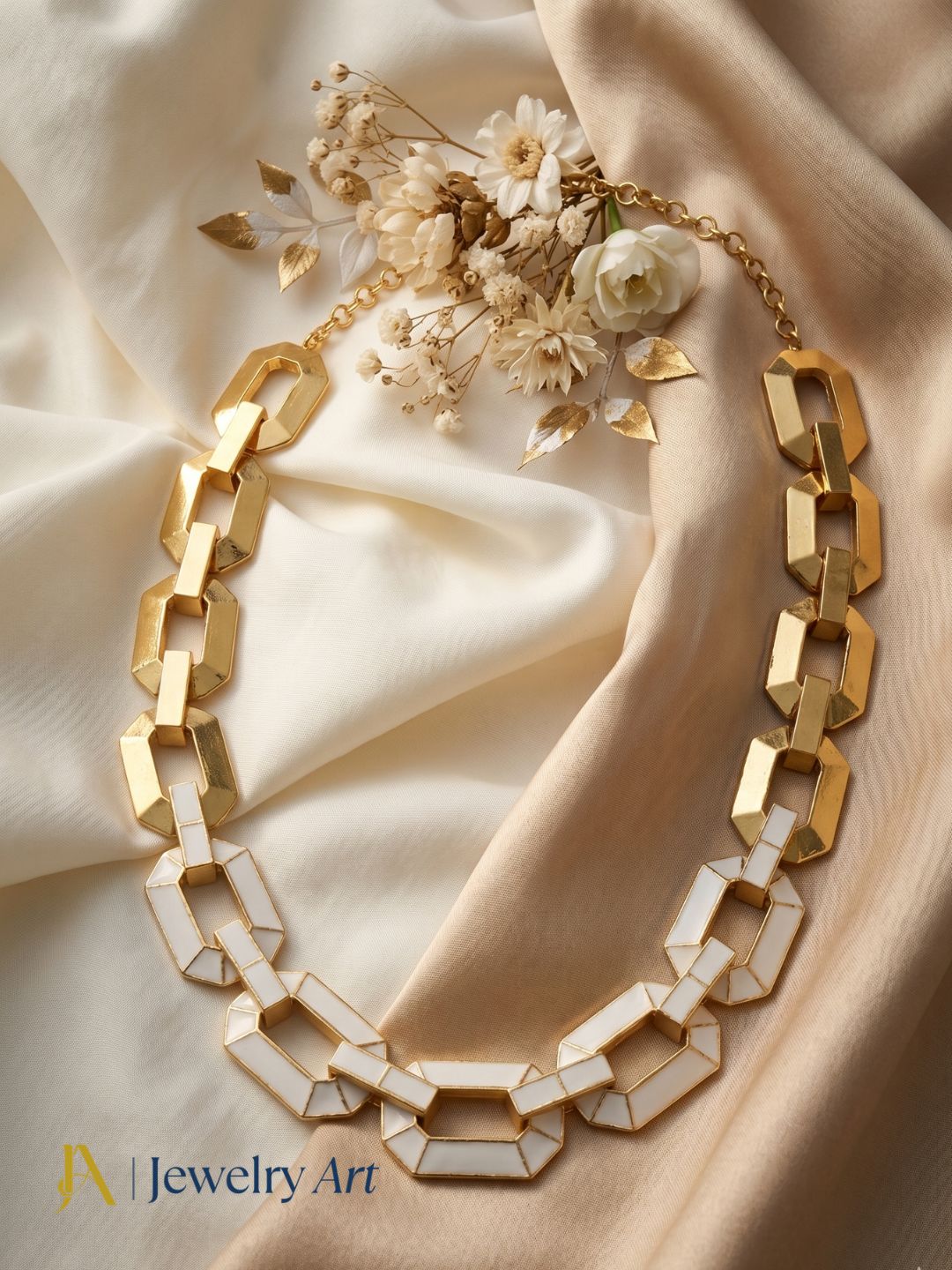 Stunning Gold plated Artistic Aari Cutting White Enamel Designer Statement Necklace