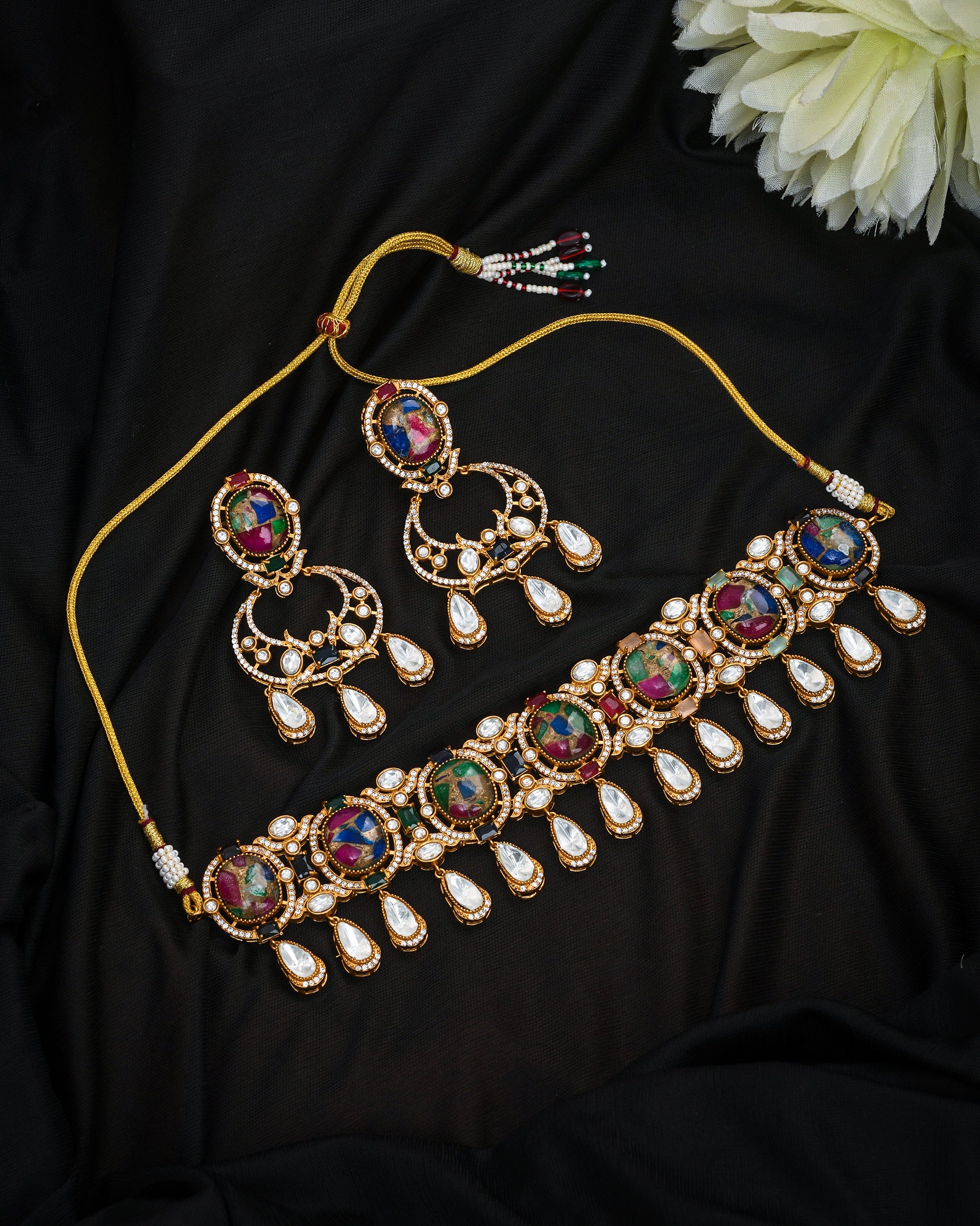 Multi-color hydro quartz and AD-Polki stone choker necklace with earrings – antique gold designer set
