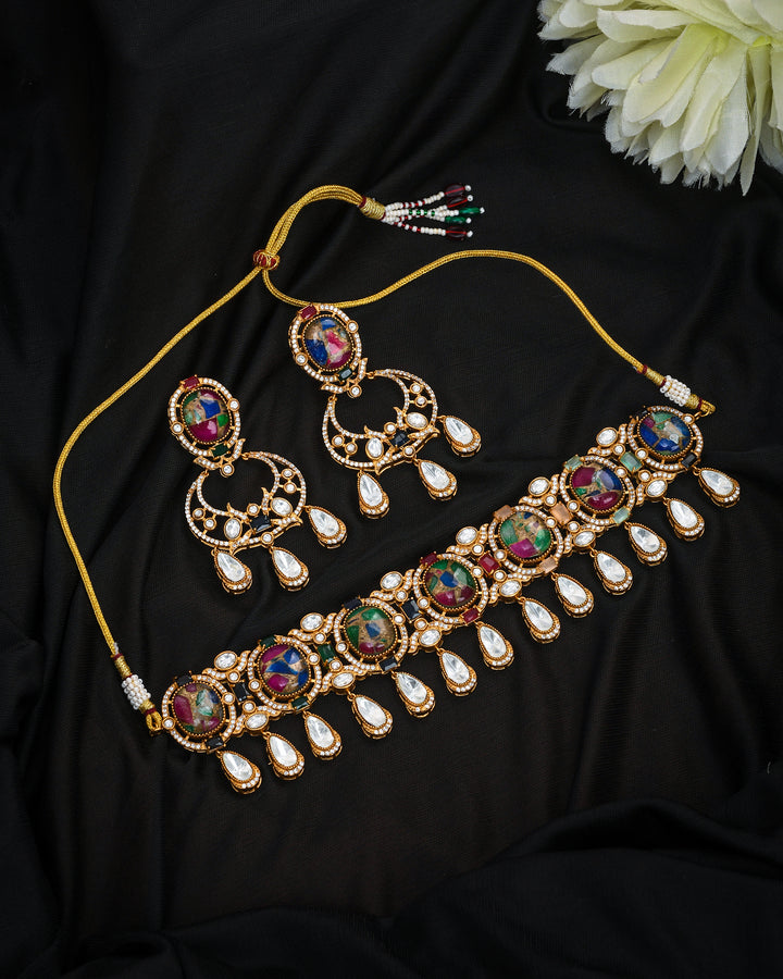 Multi-color hydro quartz and AD-Polki stone choker necklace with earrings – antique gold designer set
