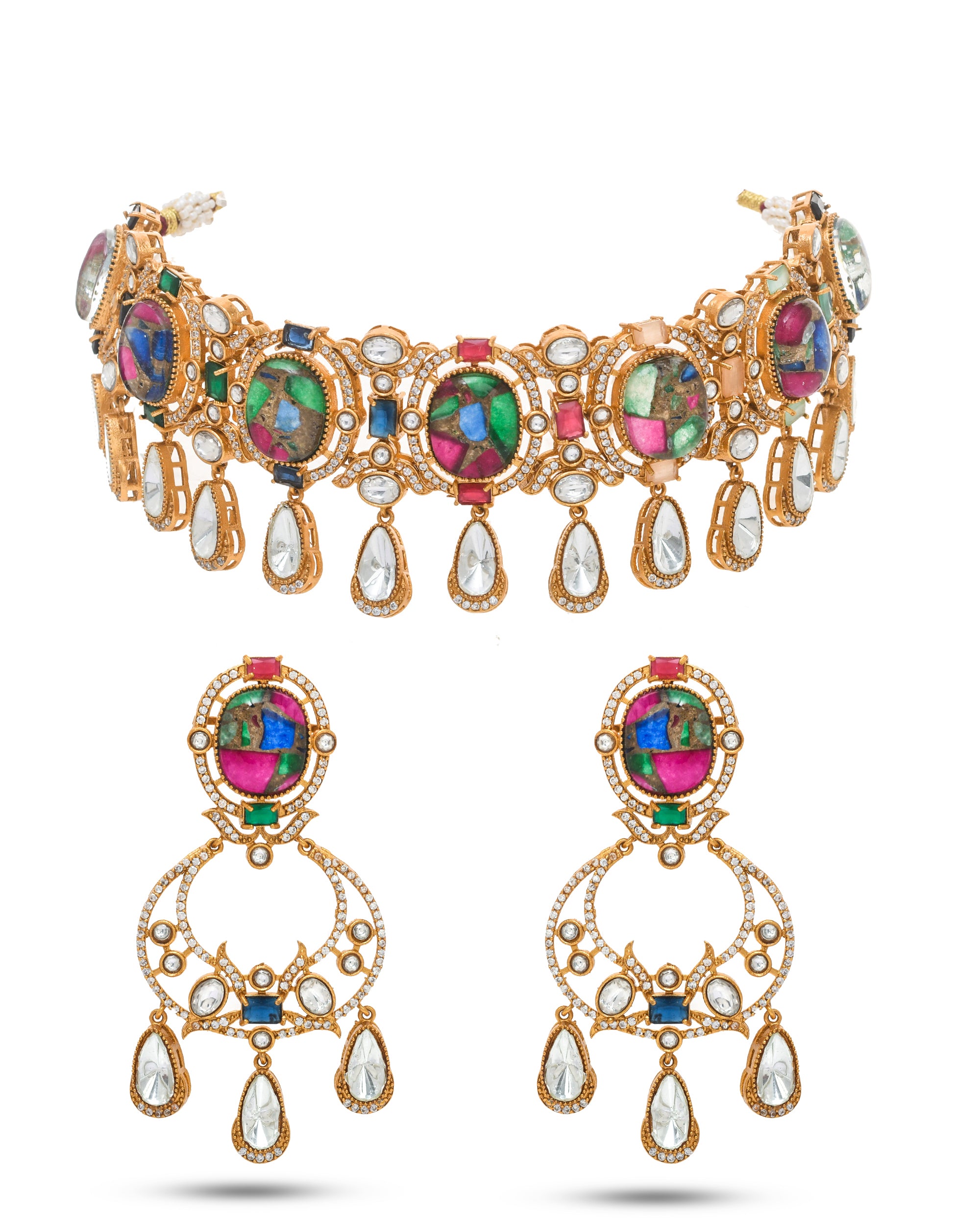 Multi-color hydro quartz and AD-Polki stone choker and earring set – traditional antique gold jewelry for women
