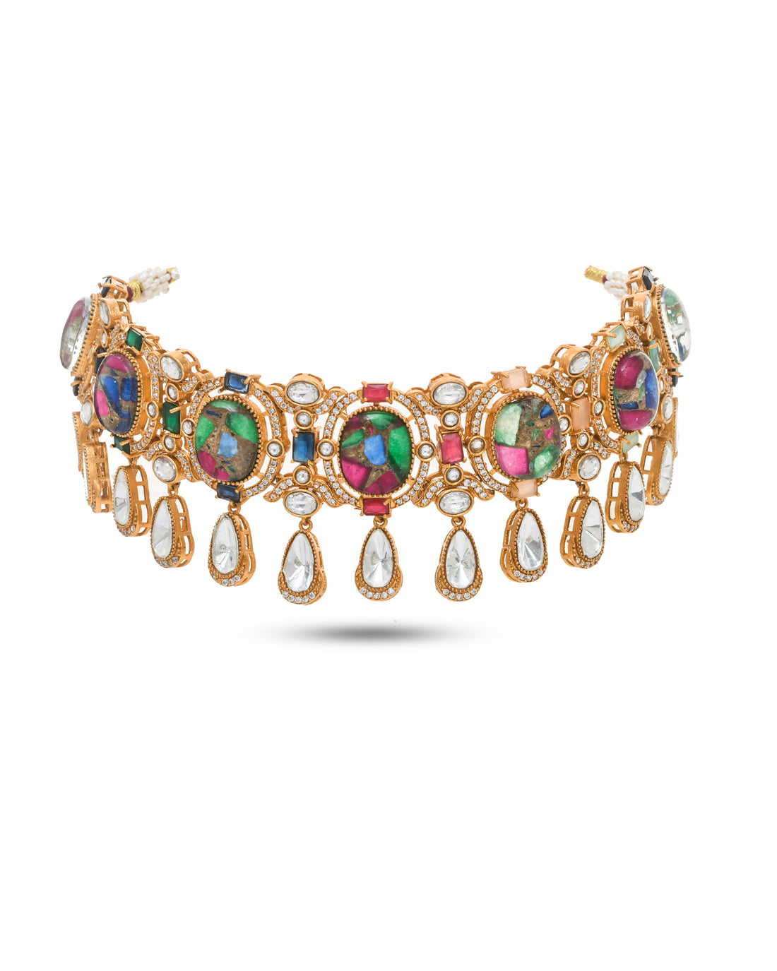 Designer antique gold choker featuring AD-Polki and colorful hydro quartz stones
