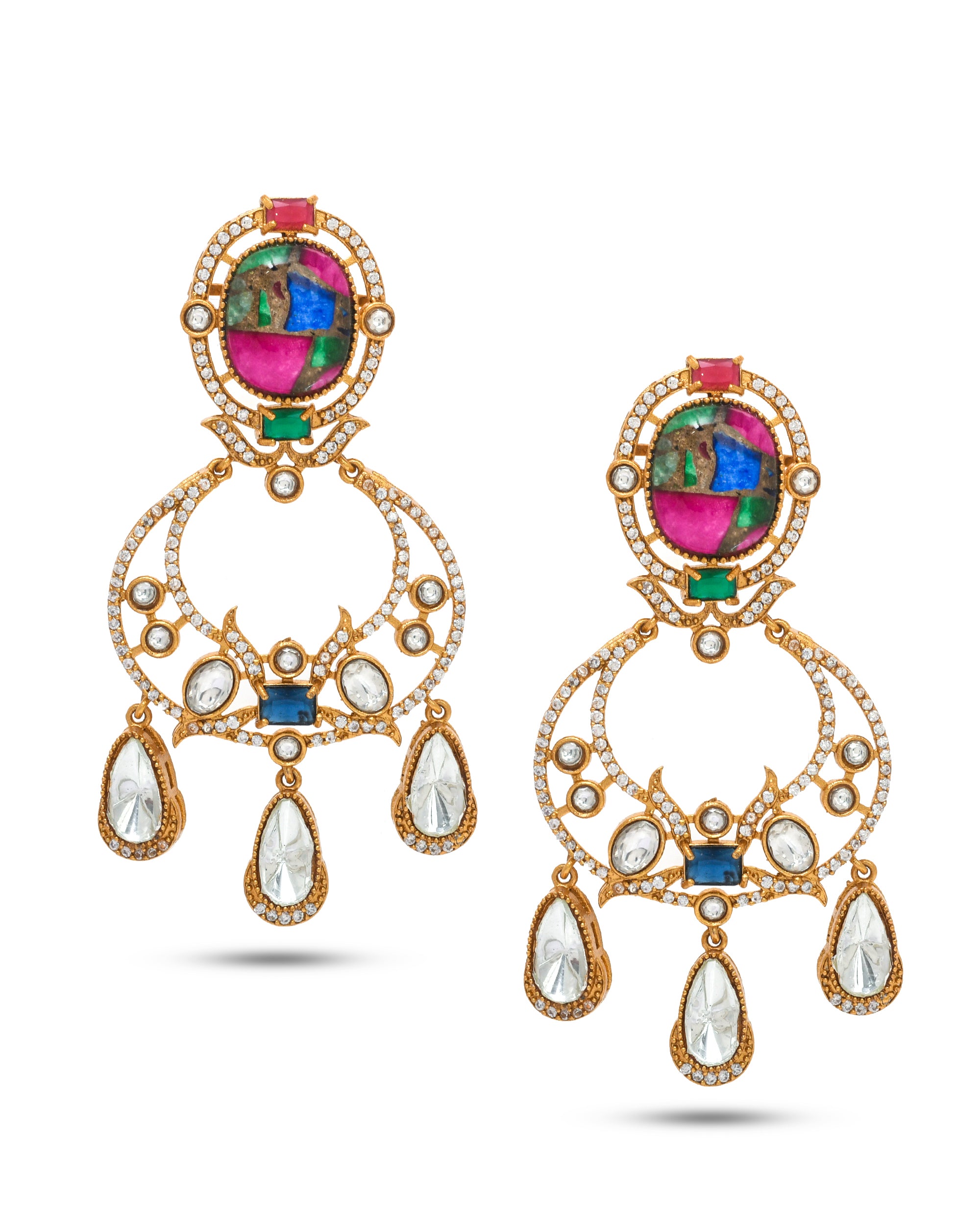 Statement earrings with hydro quartz and AD-Polki – antique gold design for festive occasions