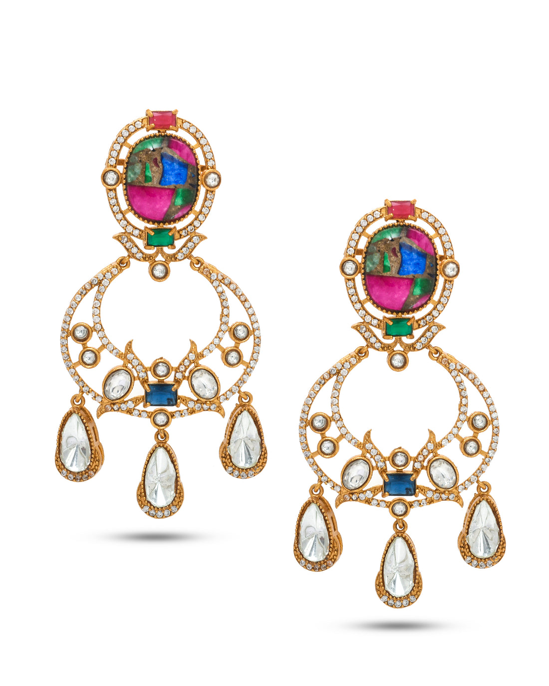 Statement earrings with hydro quartz and AD-Polki – antique gold design for festive occasions