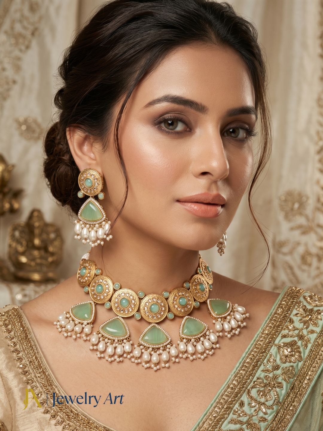 Traditional choker jewelry set with light green Monalisa and pearl accents
