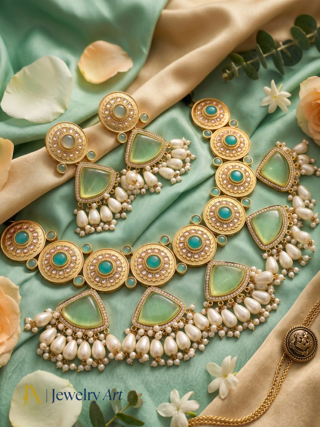 Traditional choker jewelry set with light green Monalisa and pearl accents
