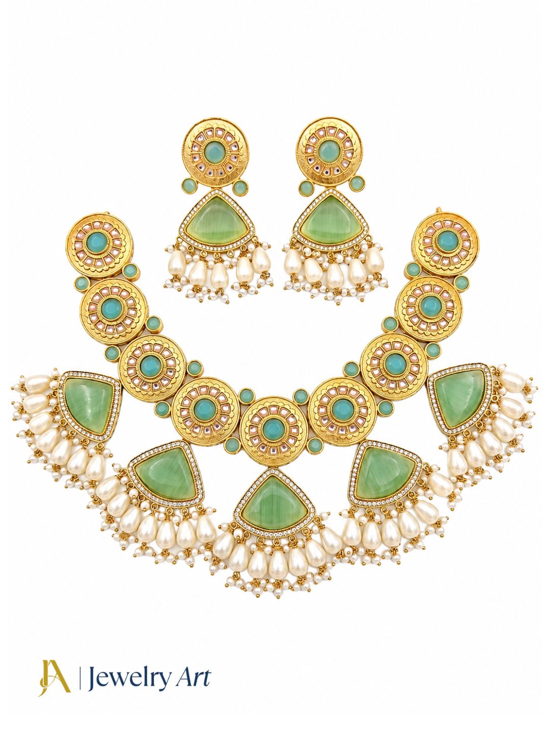 Traditional choker jewelry set with light green Monalisa and pearl accents
