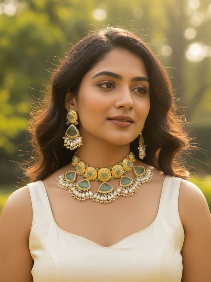 Gorgeous AD-Light  Green Mona Lisa - Glass Stone-Pearl Choker Necklace-Earring Set