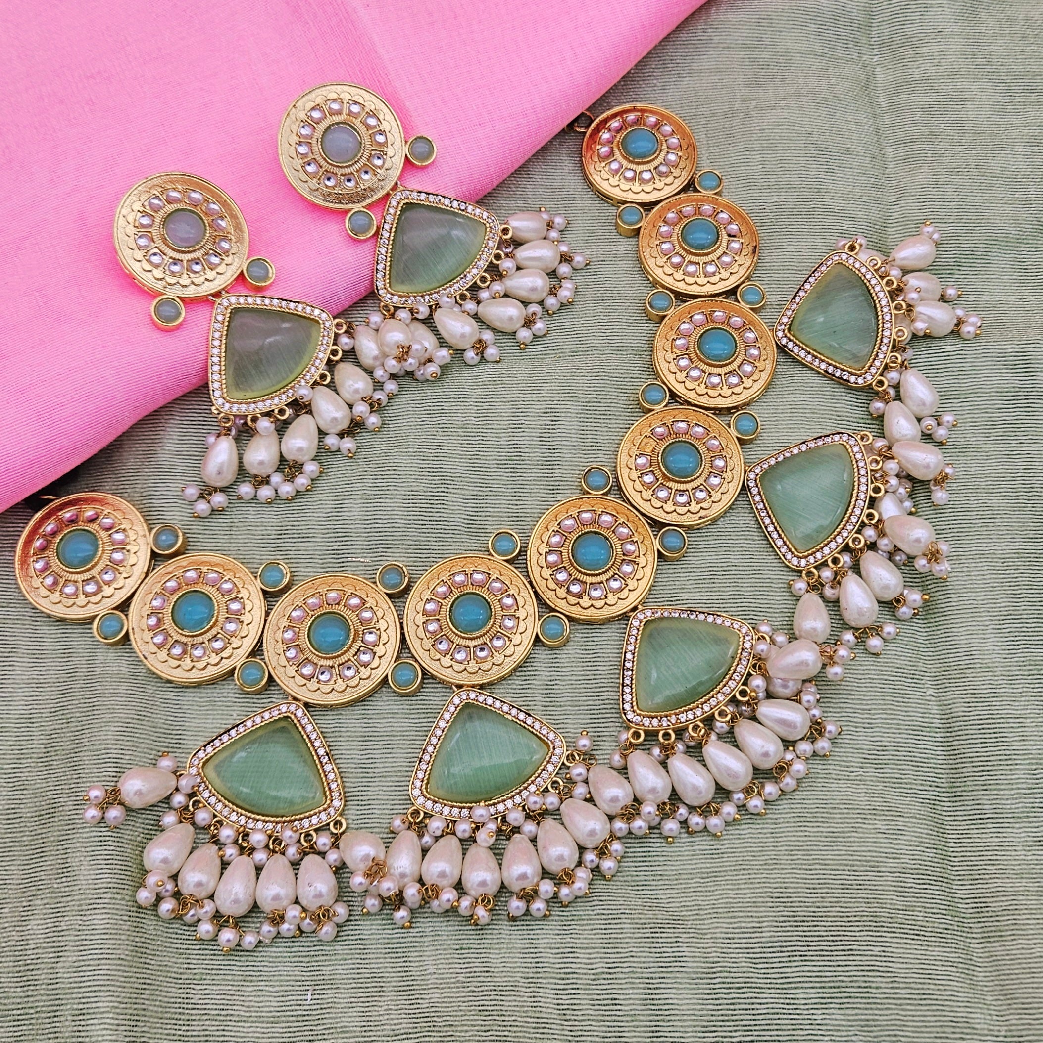 Gorgeous AD-Light  Green Mona Lisa - Glass Stone-Pearl Choker Necklace-Earring Set