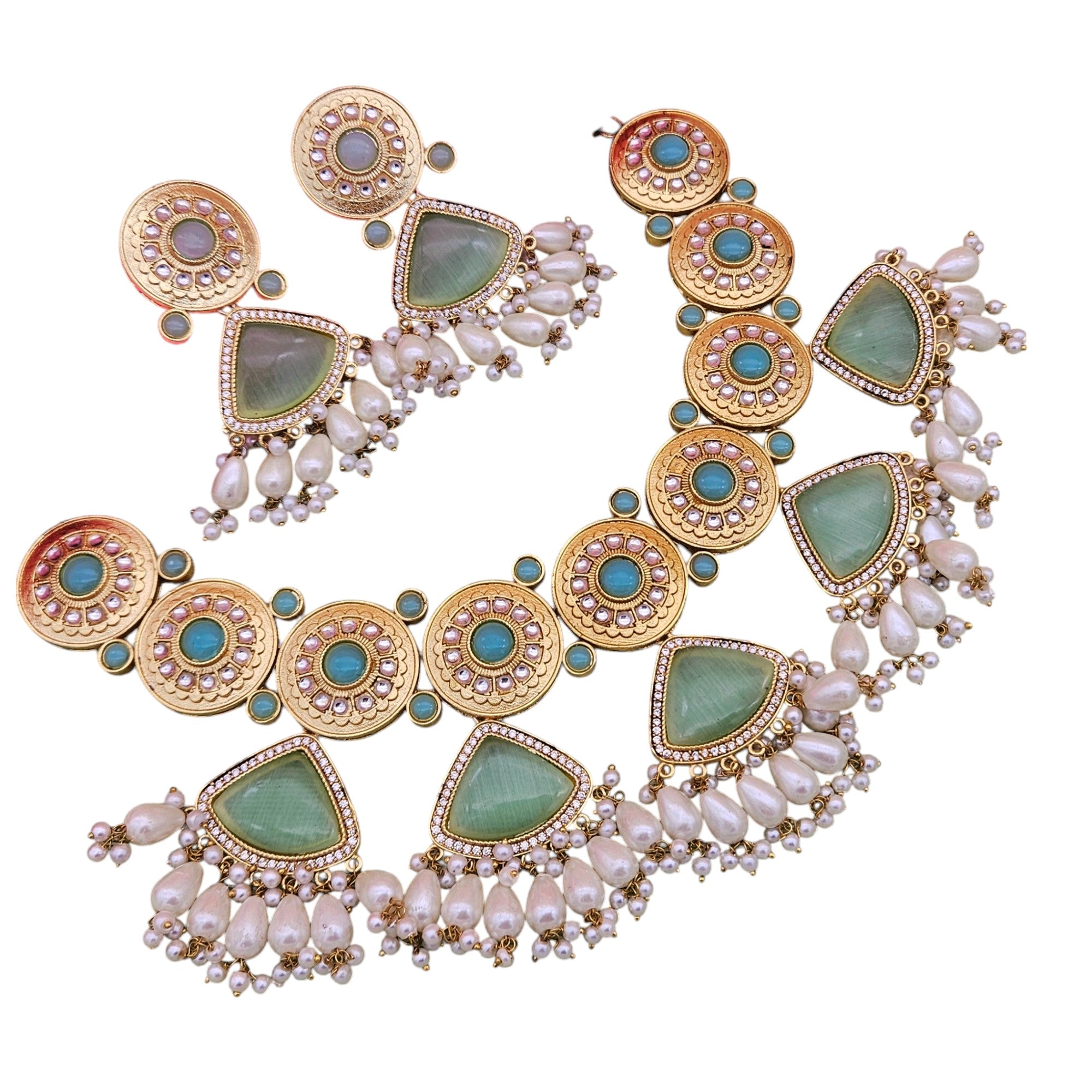 Gorgeous AD-Light  Green Mona Lisa - Glass Stone-Pearl Choker Necklace-Earring Set