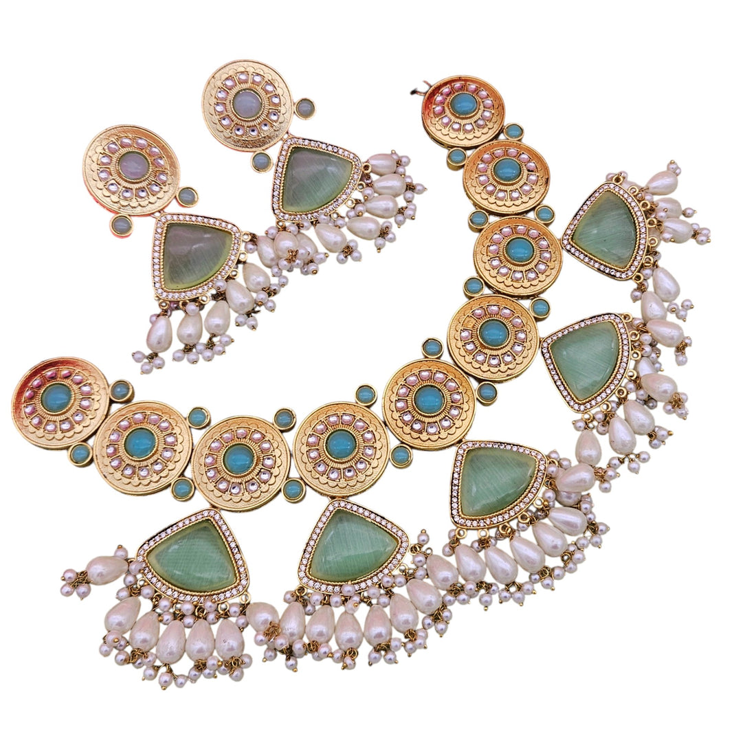 Gorgeous AD-Light  Green Mona Lisa - Glass Stone-Pearl Choker Necklace-Earring Set