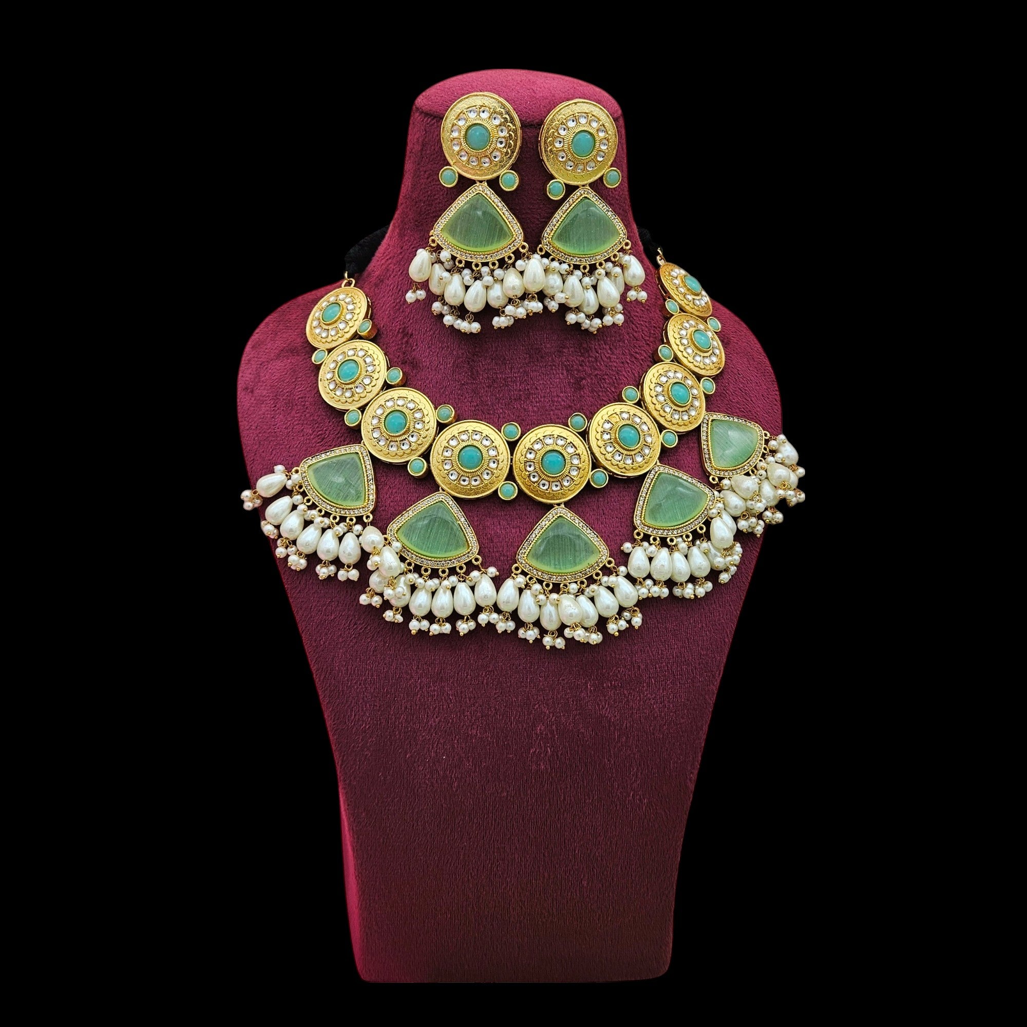 Gorgeous AD-Light  Green Mona Lisa - Glass Stone-Pearl Choker Necklace-Earring Set