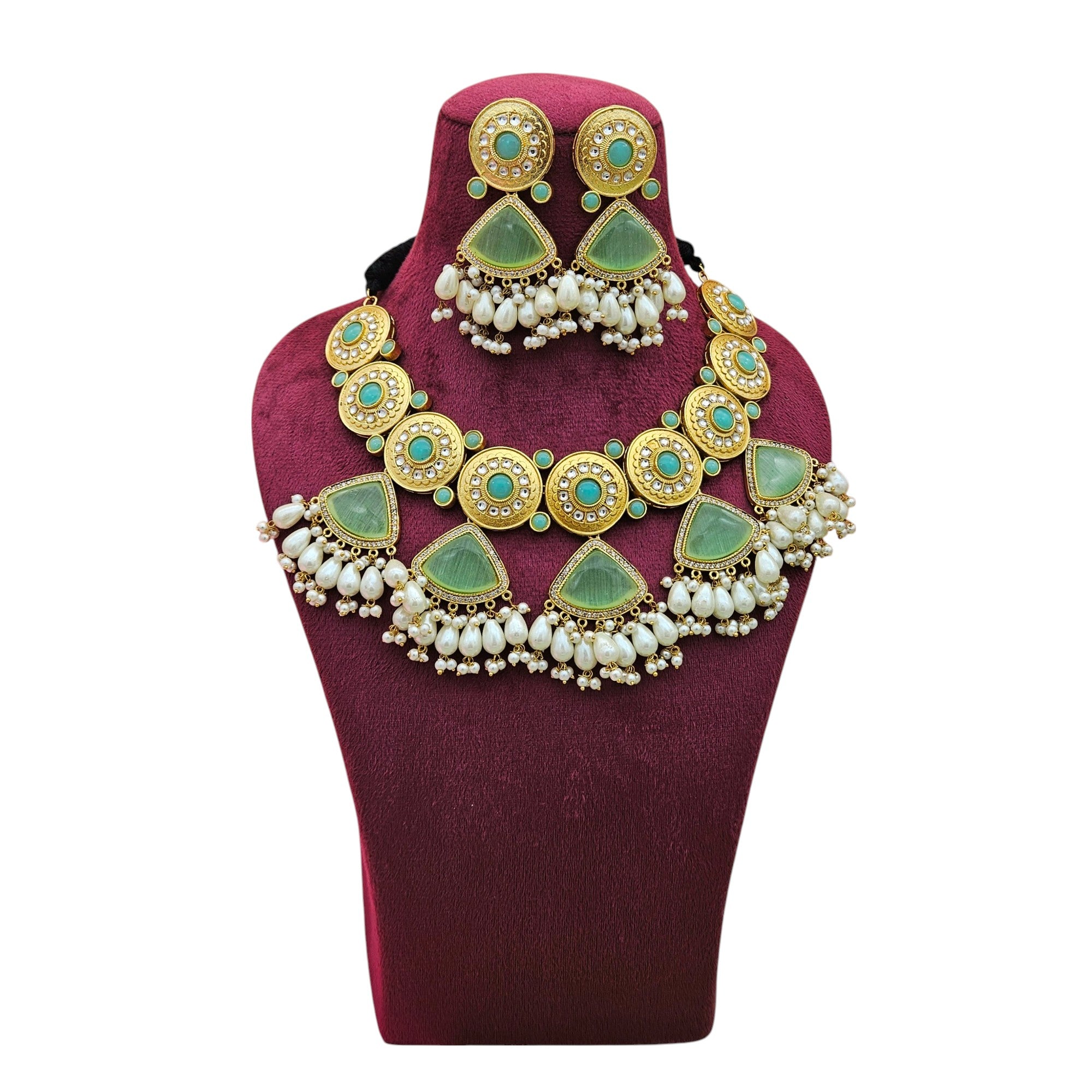 Gorgeous AD-Light  Green Mona Lisa - Glass Stone-Pearl Choker Necklace-Earring Set