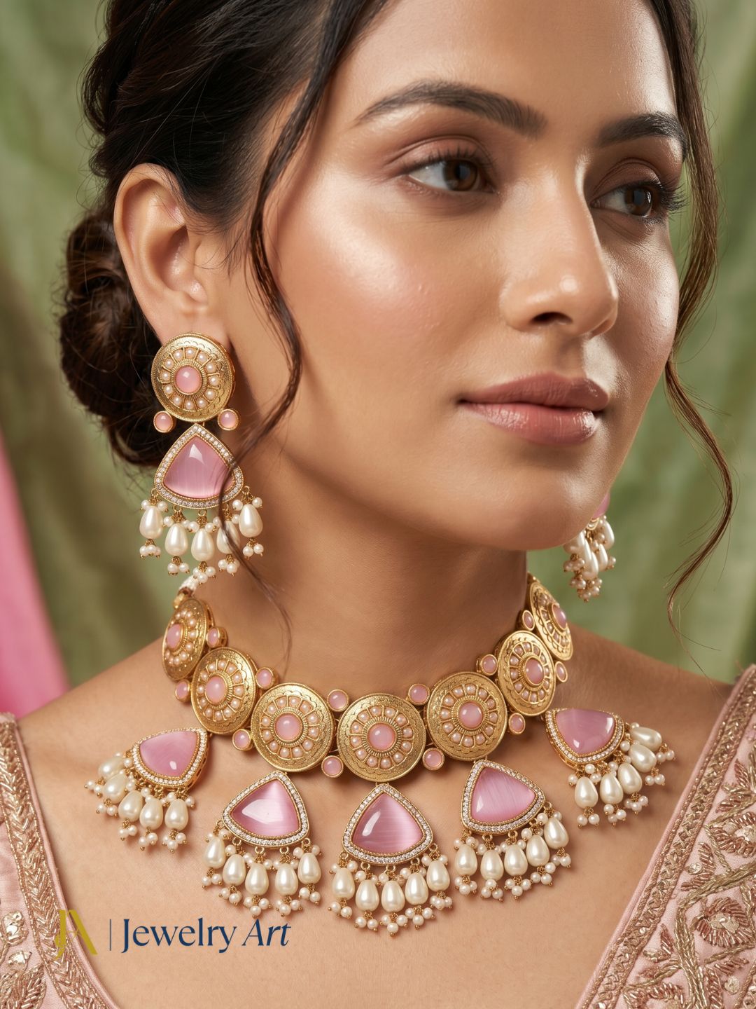Handcrafted look choker necklace set with pink Monalisa detailing
