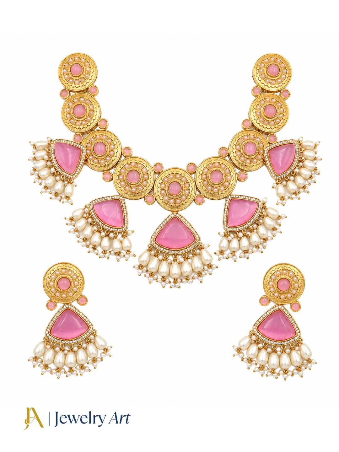 Gorgeous AD-Pink Mona Lisa - Glass Stone-Pearl Choker Necklace-Earring Set