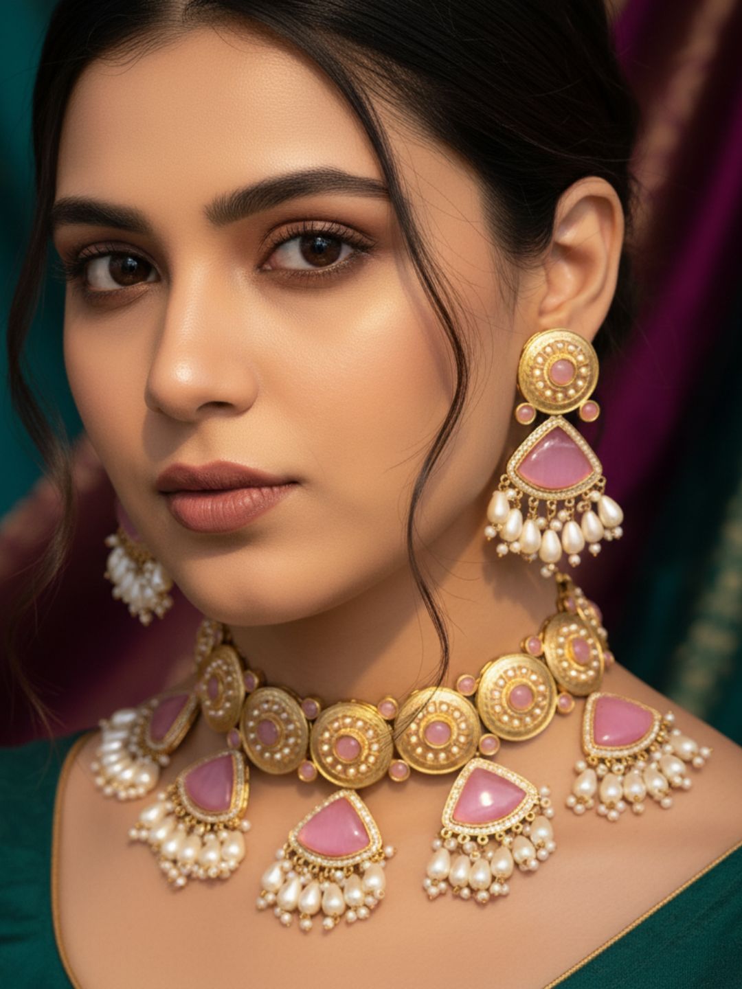 Gorgeous AD-Pink Mona Lisa - Glass Stone-Pearl Choker Necklace-Earring Set