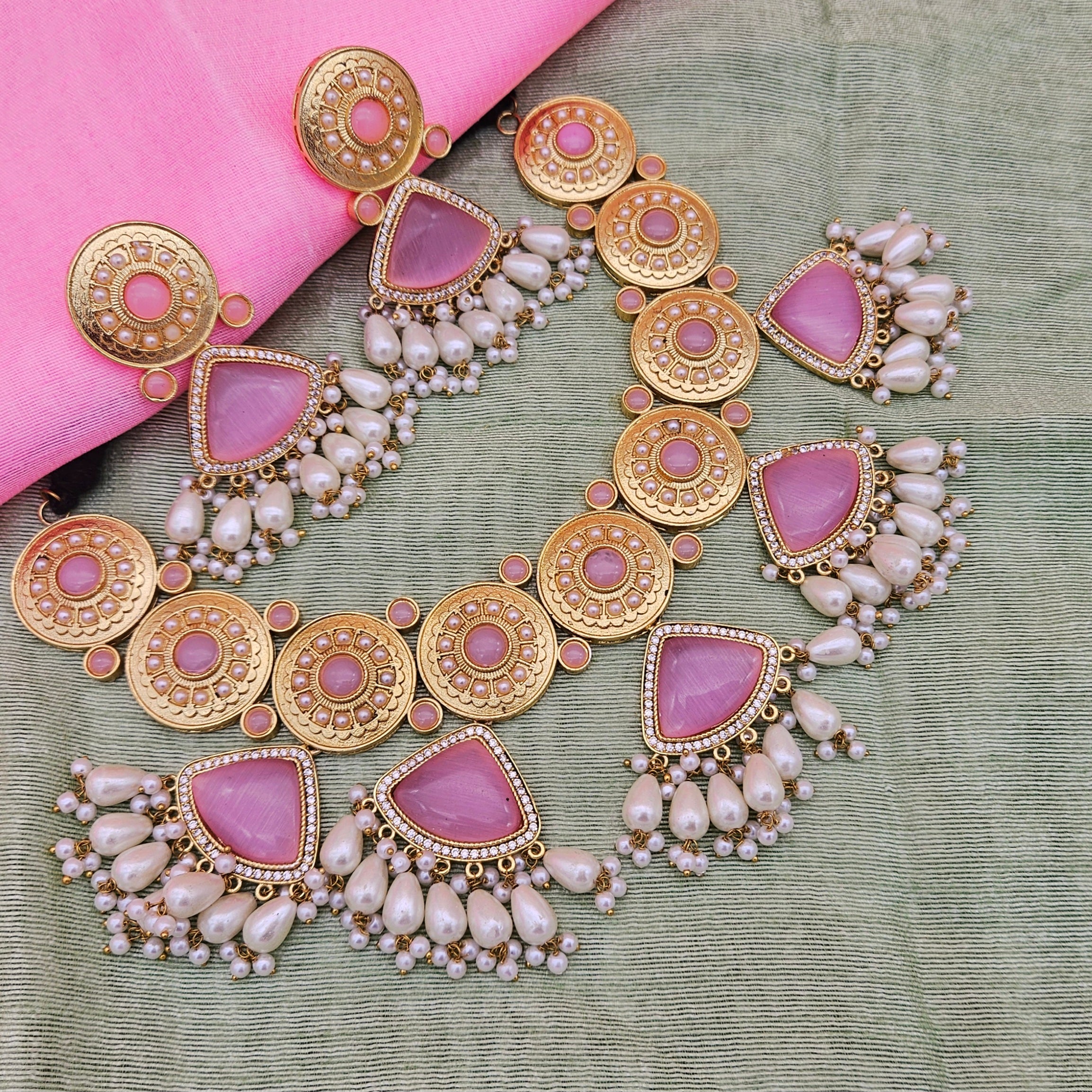 Gorgeous AD-Pink Mona Lisa - Glass Stone-Pearl Choker Necklace-Earring Set