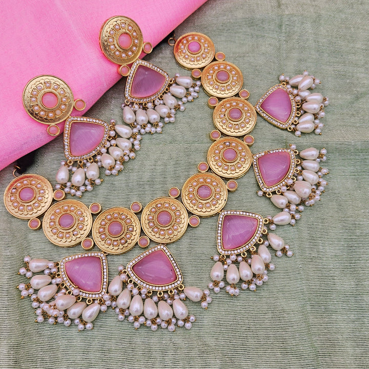 Gorgeous AD-Pink Mona Lisa - Glass Stone-Pearl Choker Necklace-Earring Set