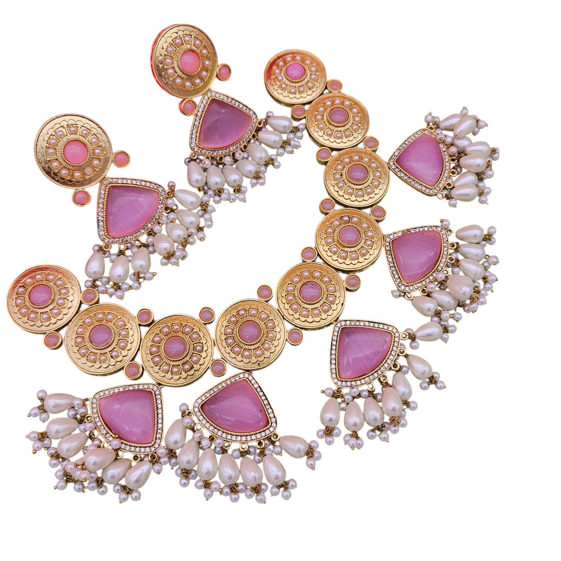 Gorgeous AD-Pink Mona Lisa - Glass Stone-Pearl Choker Necklace-Earring Set