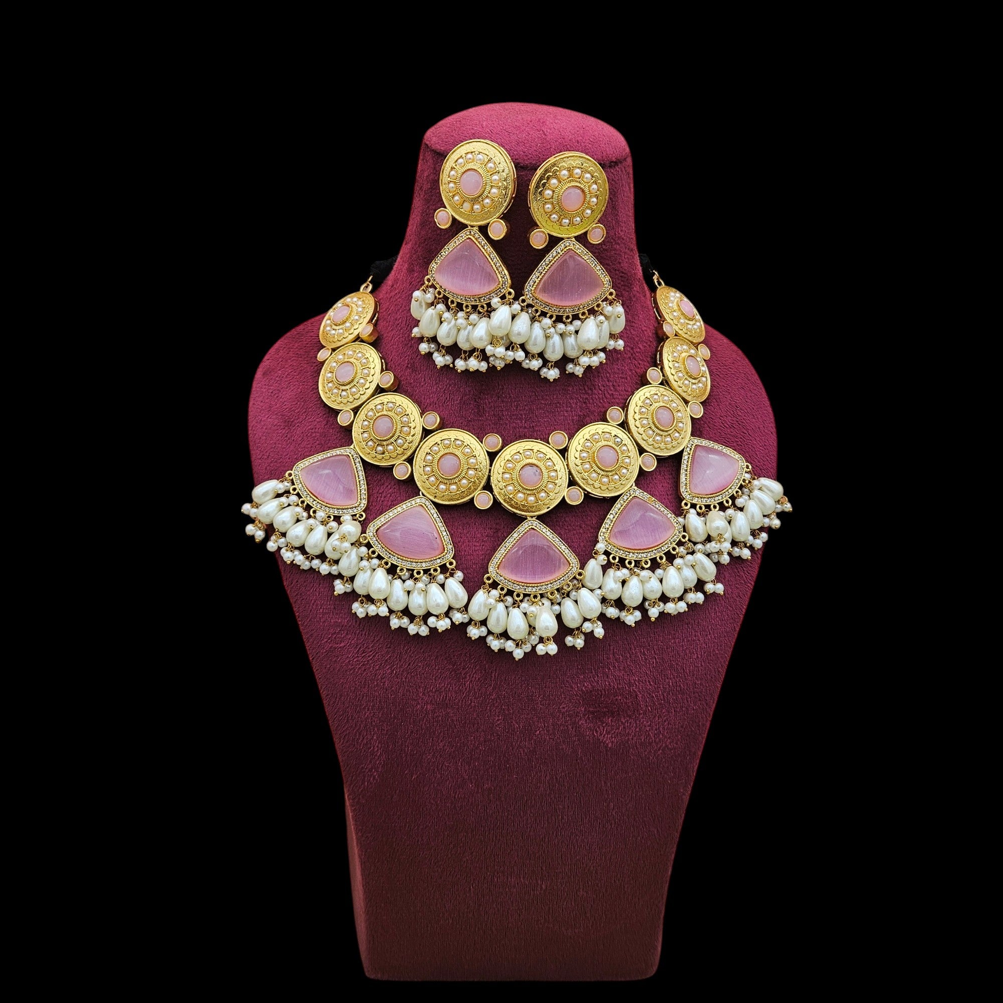 Gorgeous AD-Pink Mona Lisa - Glass Stone-Pearl Choker Necklace-Earring Set