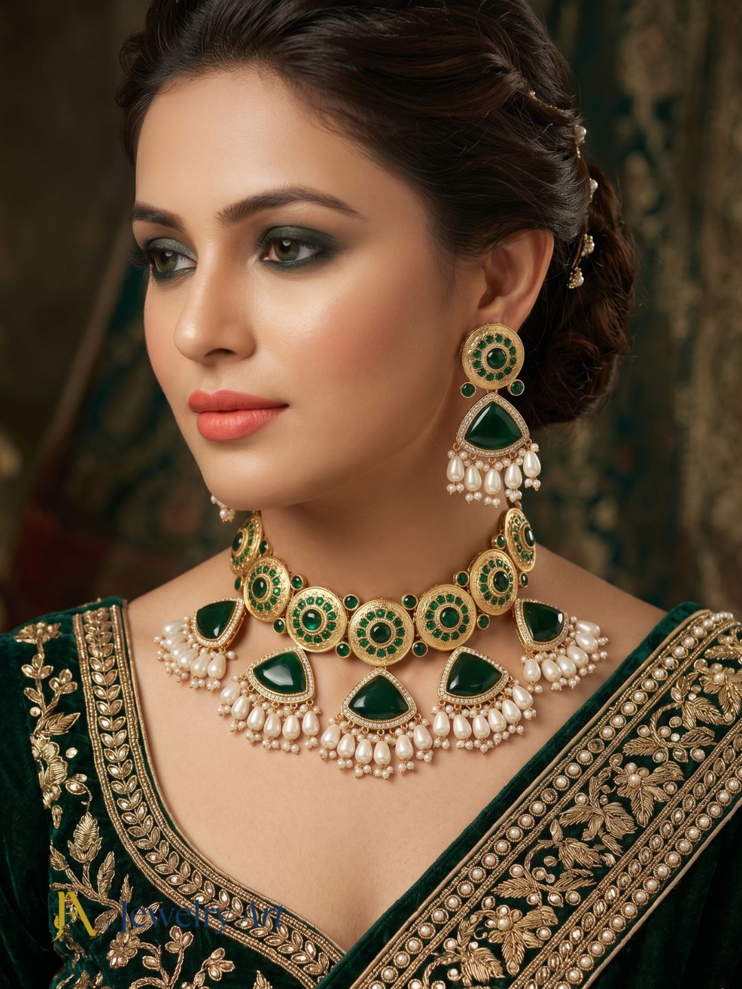Luxury AD jewelry set with green glass stones and matching earrings
