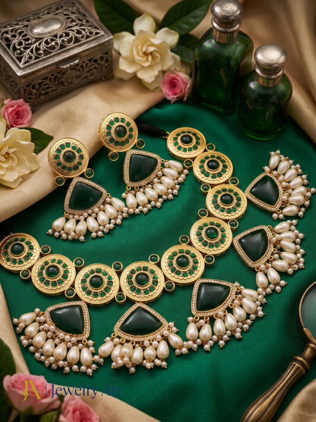Luxury AD jewelry set with green glass stones and matching earrings
