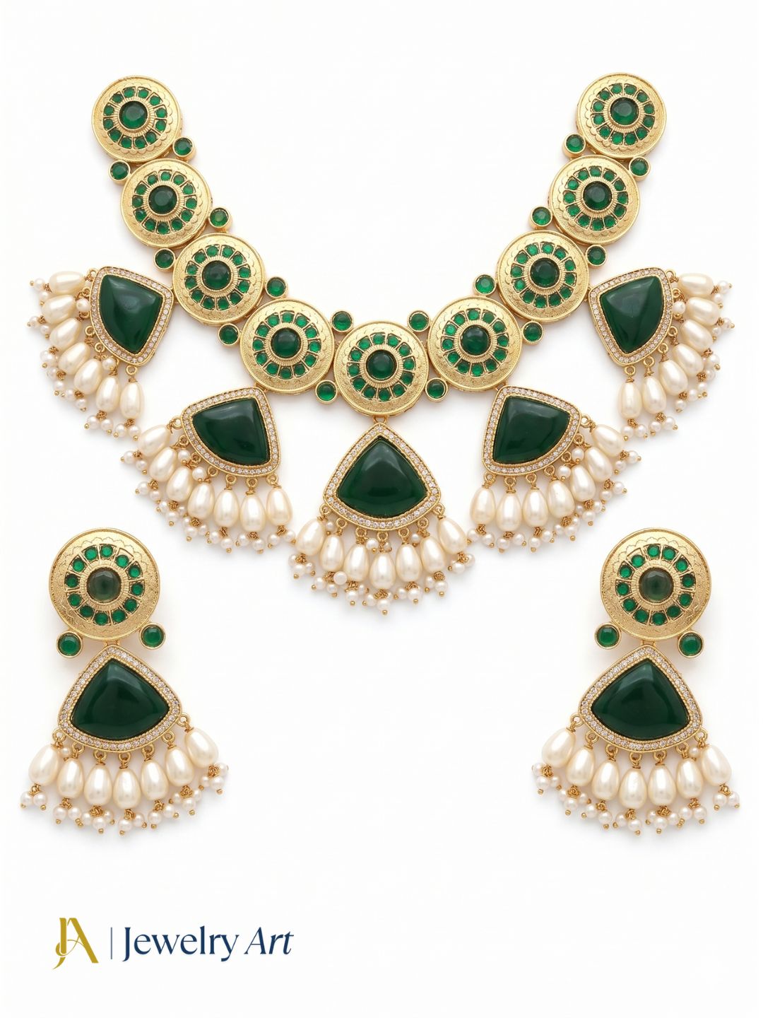 Luxury AD jewelry set with green glass stones and matching earrings
