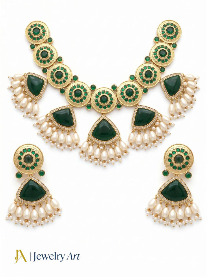 Luxury AD jewelry set with green glass stones and matching earrings
