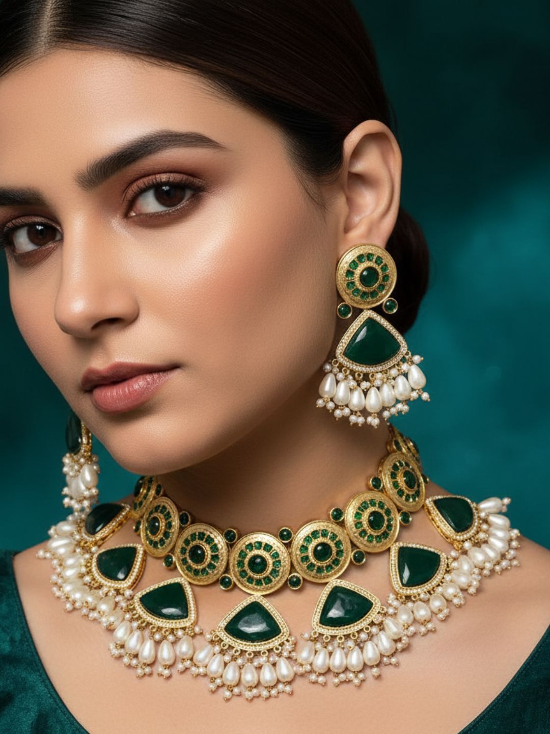 Gorgeous AD-Dark  Green Mona Lisa - Glass Stone-Pearl Choker Necklace-Earring Set