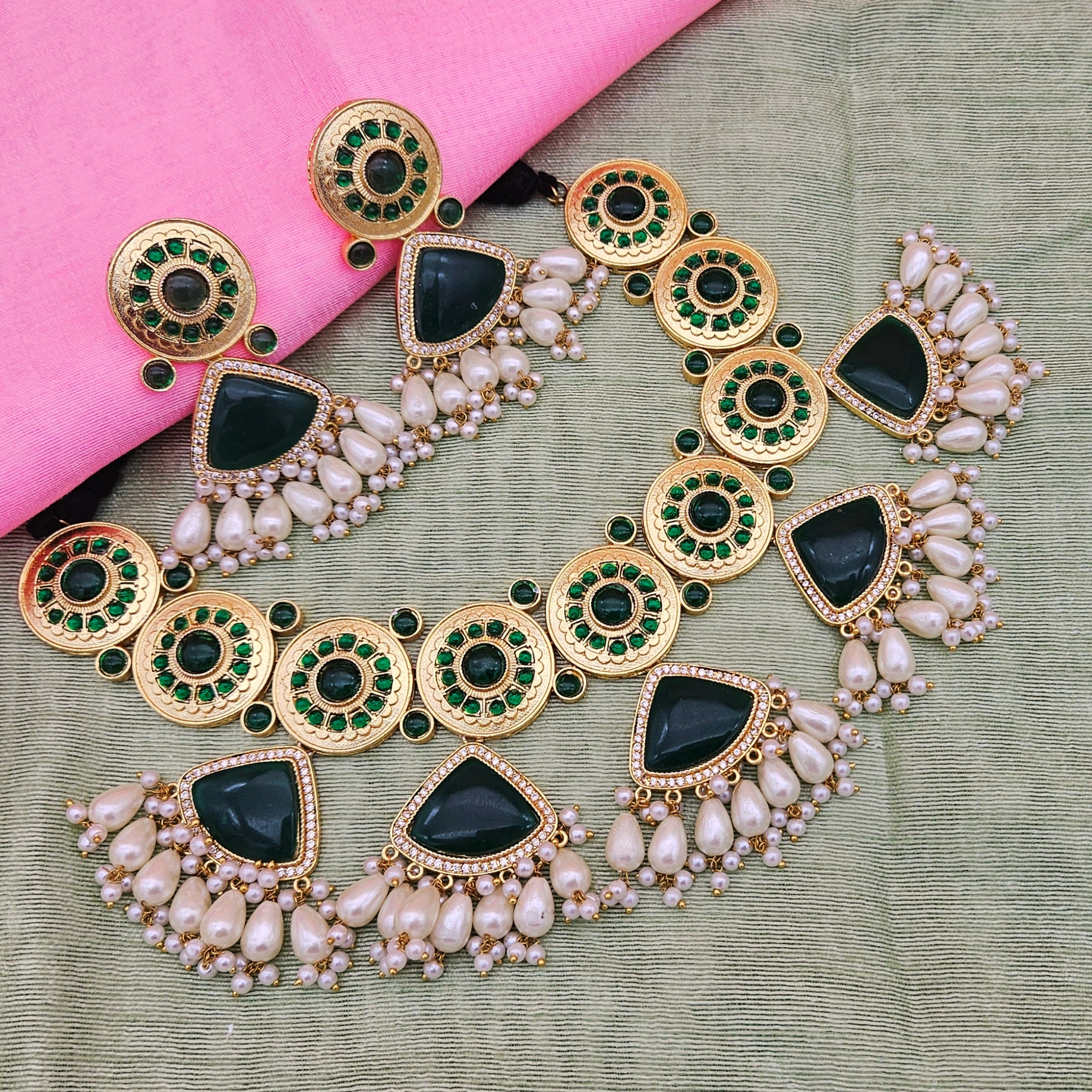 Gorgeous AD dark green Monalisa stone choker with pearls and matching earrings – perfect festive jewellery for women
