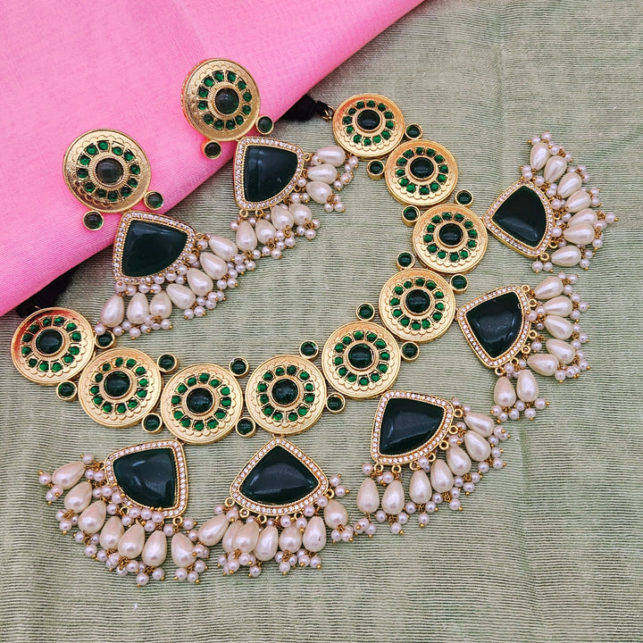 Gorgeous AD dark green Monalisa stone choker with pearls and matching earrings – perfect festive jewellery for women
