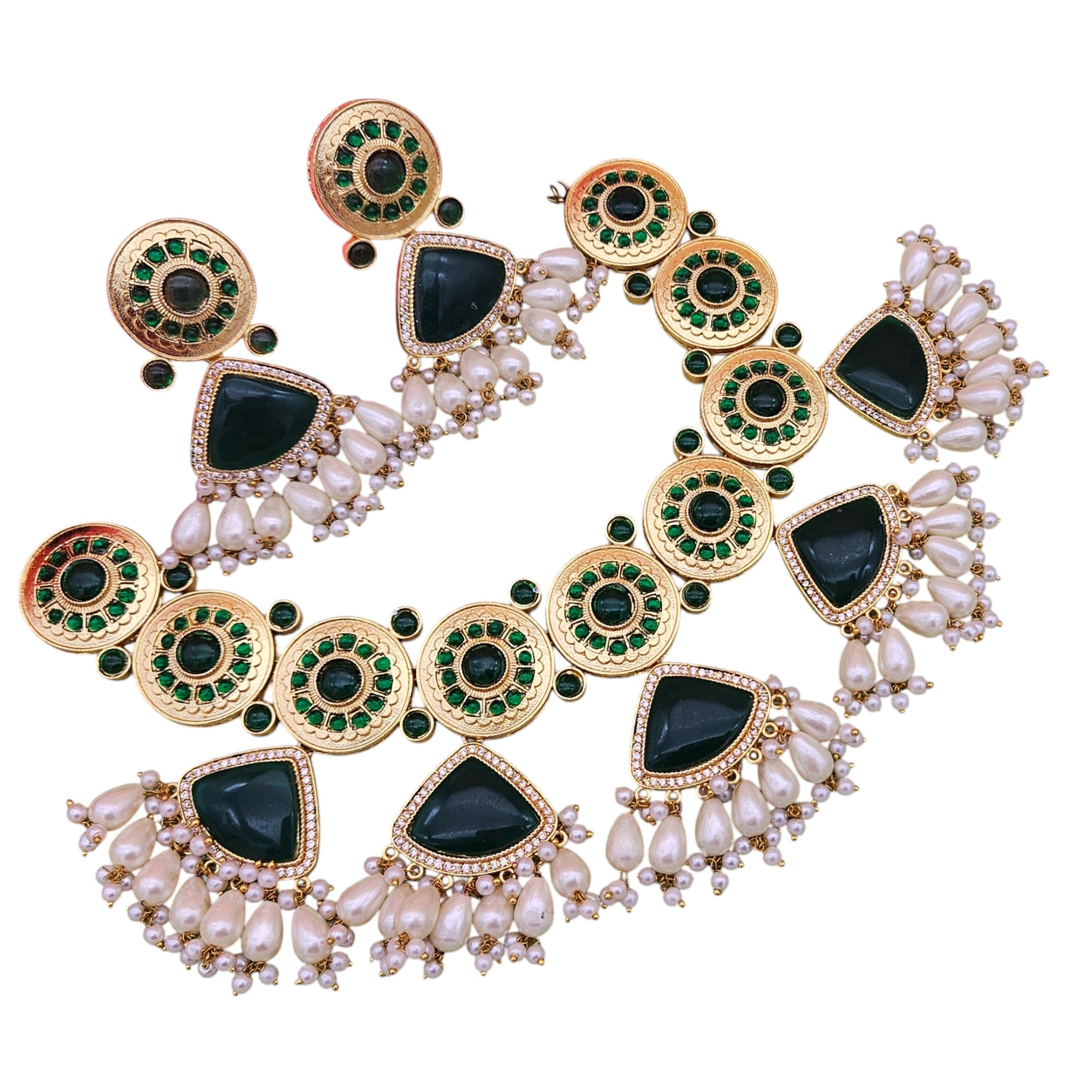 Gorgeous AD dark green Monalisa stone choker with pearls and matching earrings – the perfect festive jewellery for women
