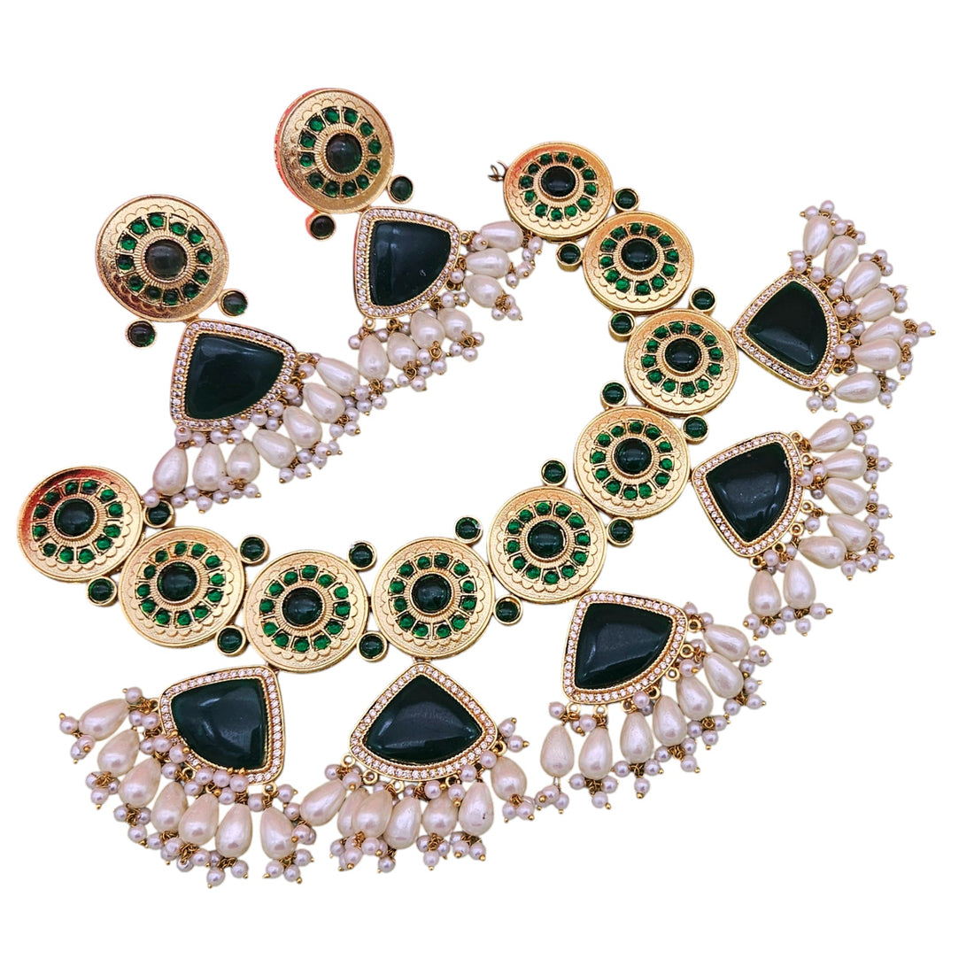 Gorgeous AD dark green Monalisa stone choker with pearls and matching earrings – the perfect festive jewellery for women
