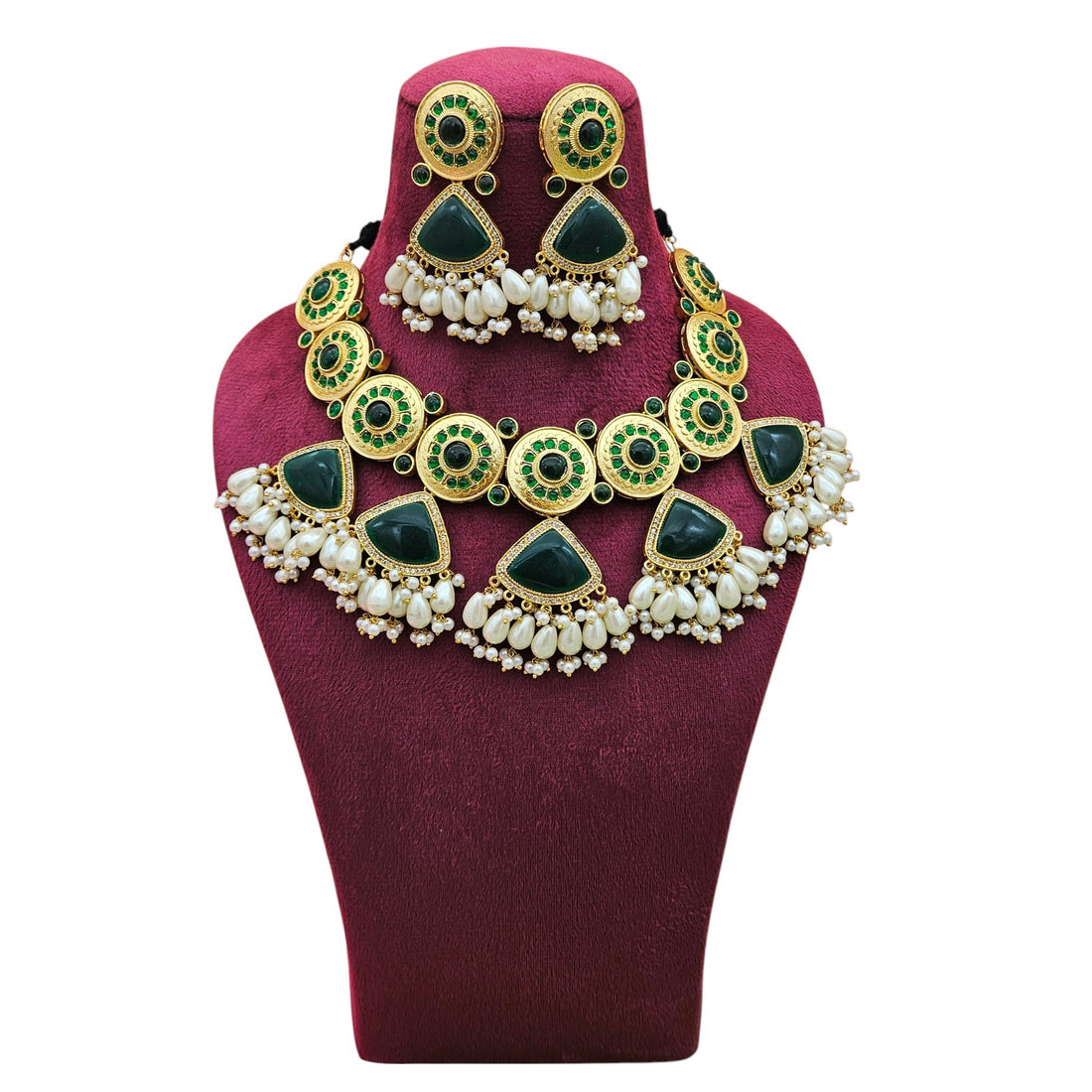 Luxurious AD dark green Monalisa choker set with pearls, elegantly displayed on a neck stand—crafted to shine at every festive celebration
