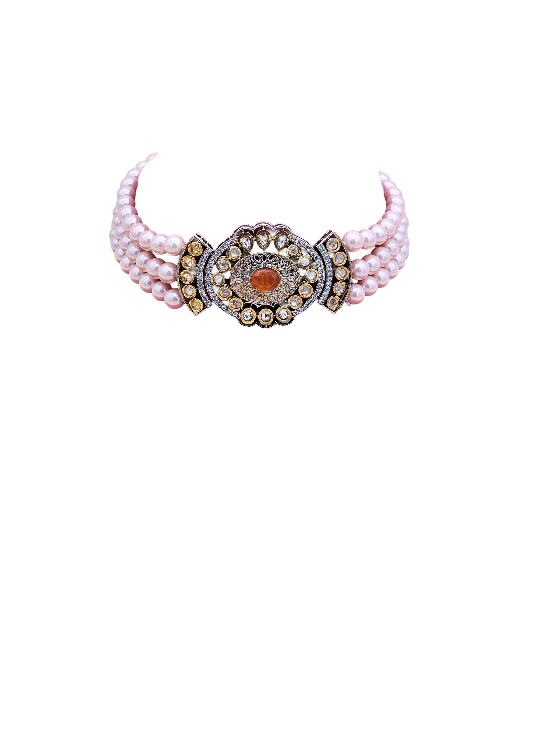 Amazing Antique Gold Plated AD-Faux Kundan- Polky-Yellow Crystal -Pink Pearl Choker Necklace