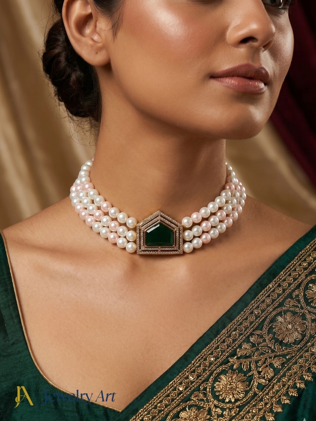 Premium antique gold choker necklace with green glass stones and pearls
