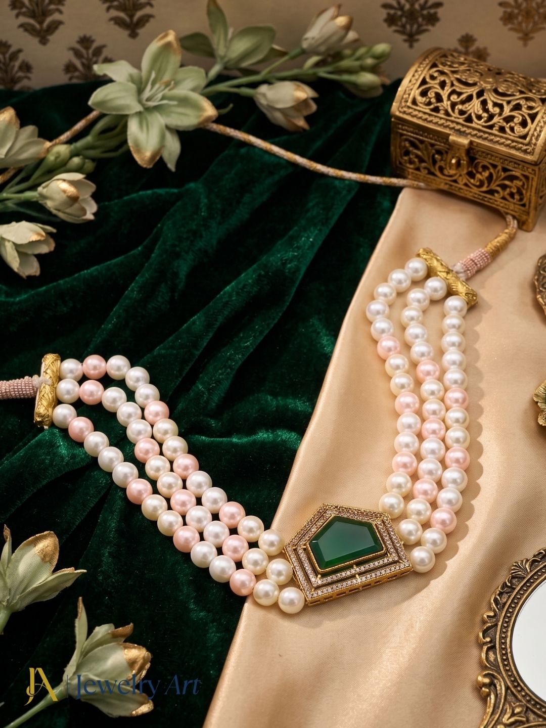 Stunning Antique Gold Plated AD-Green Glass Stone-Pearl Choker Necklace